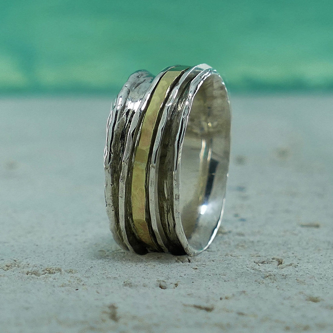 Mixed metal Ring Two Tone Solid 9k Yellow Gold & 925 Sterling Silver Spinner Ring Contemporary Design,Gypsy ring, Bohemian ring, Worry ring