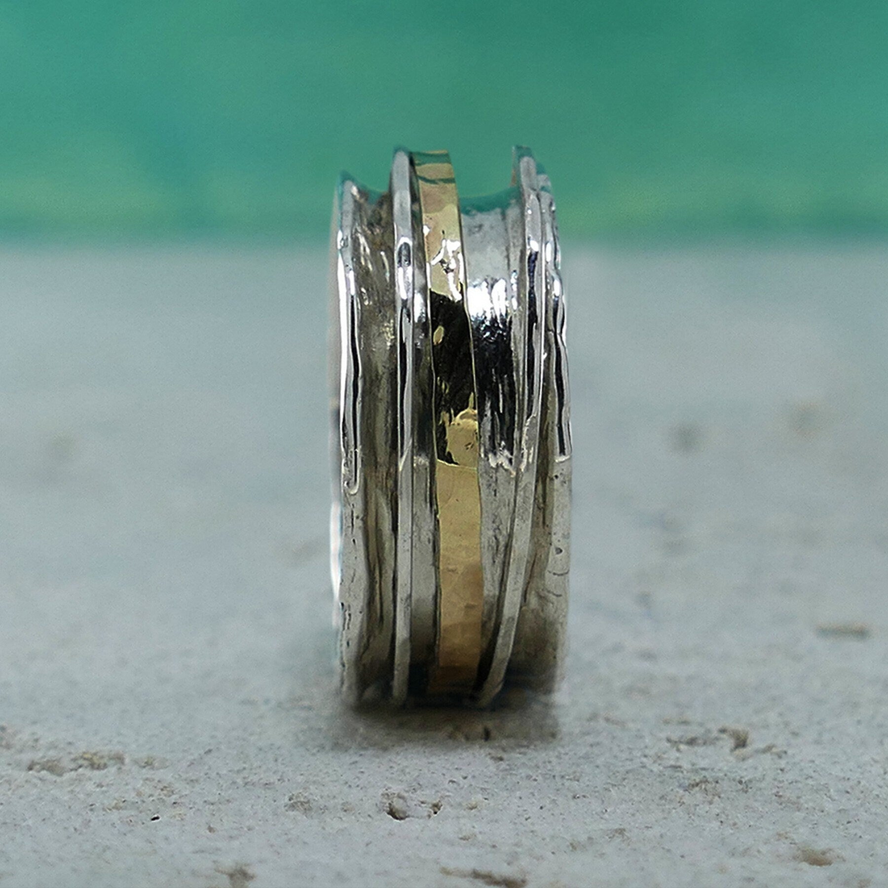 Mixed metal Ring Two Tone Solid 9k Yellow Gold & 925 Sterling Silver Spinner Ring Contemporary Design,Gypsy ring, Bohemian ring, Worry ring