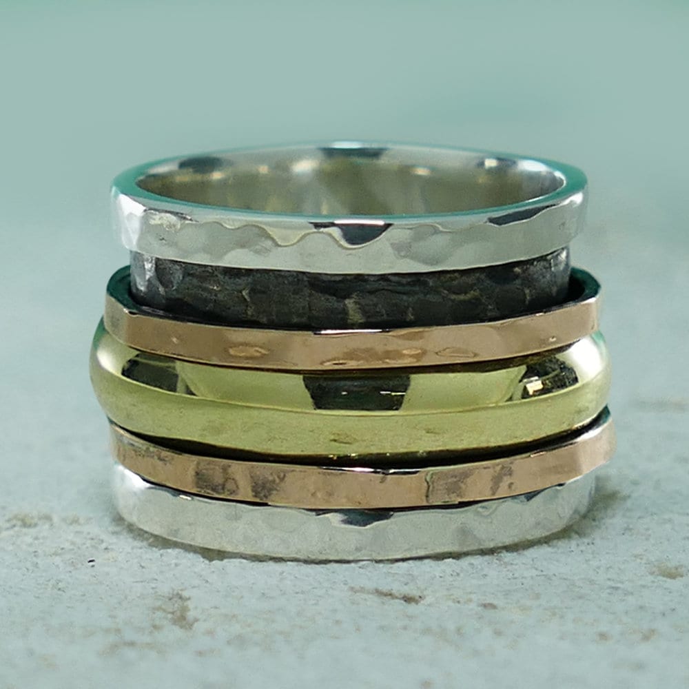 SPIRA Handcrafted Two Tone Solid 9k Yellow and Rose Gold And 925 Sterling Silver Spinner Ring Contemporary Design, Bohemian ring, Boho ring
