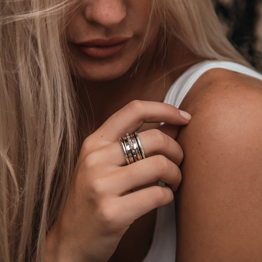 Spinner Ring For Woman, White Pearl Gemstone Mixed Metal Ring, Two Tone Solid 9k Yellow Gold & 925 Sterling Silver Spinner Ring, Fidget ring