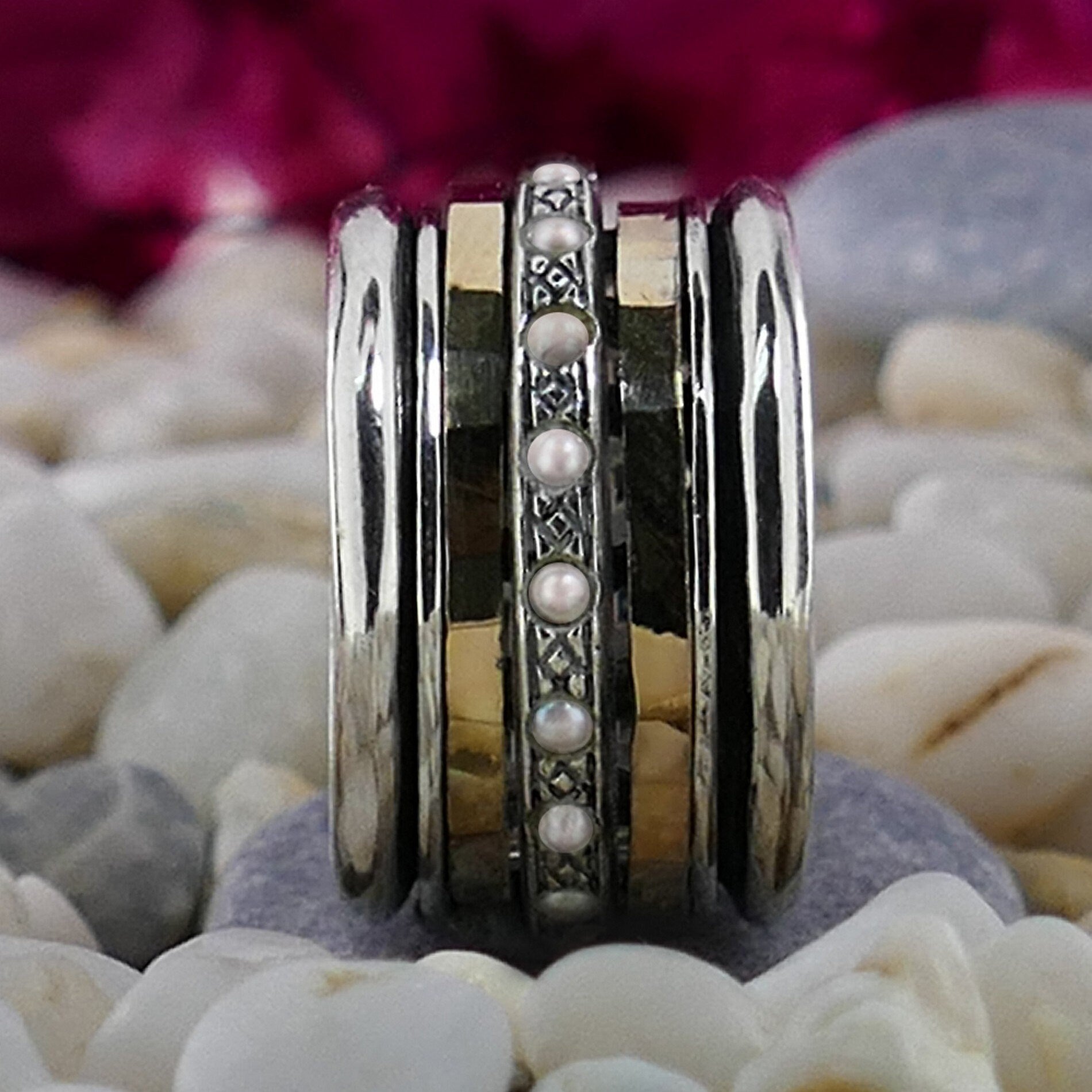 Spinner Ring For Woman, White Pearl Gemstone Mixed Metal Ring, Two Tone Solid 9k Yellow Gold & 925 Sterling Silver Spinner Ring, Fidget ring