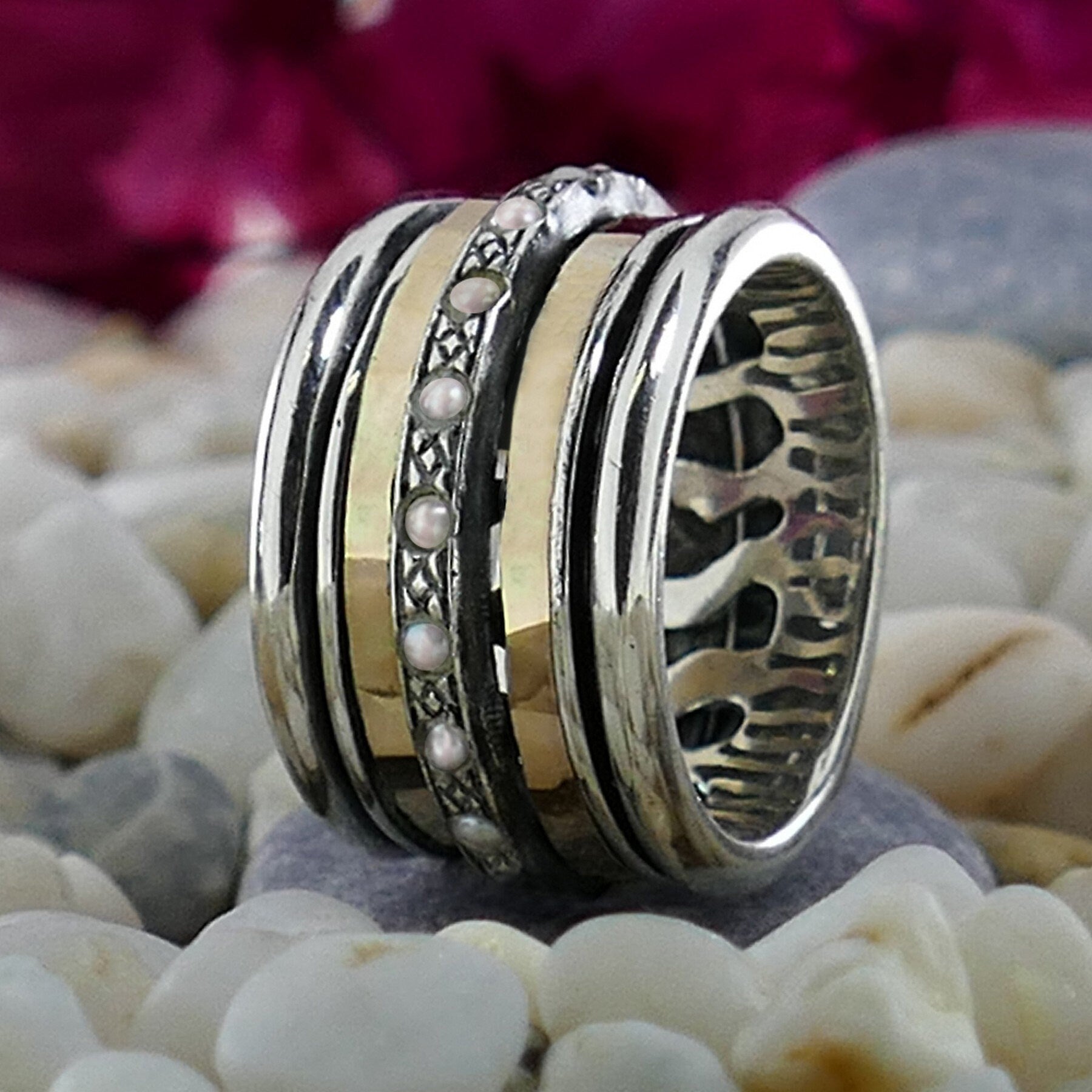 Spinner Ring For Woman, White Pearl Gemstone Mixed Metal Ring, Two Tone Solid 9k Yellow Gold & 925 Sterling Silver Spinner Ring, Fidget ring