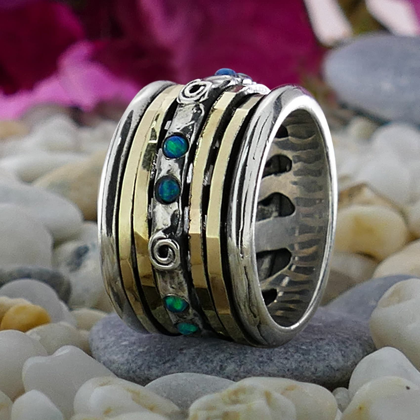 Handmade Blue Opal Stone Spinner Ring – 9k Gold & Silver Gemstone Ring