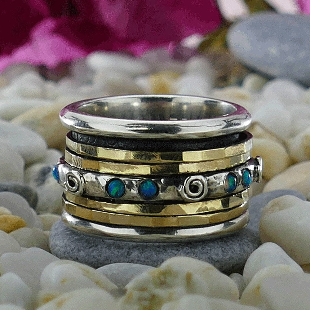Handmade Blue Opal Stone Spinner Ring – 9k Gold & Silver Gemstone Ring