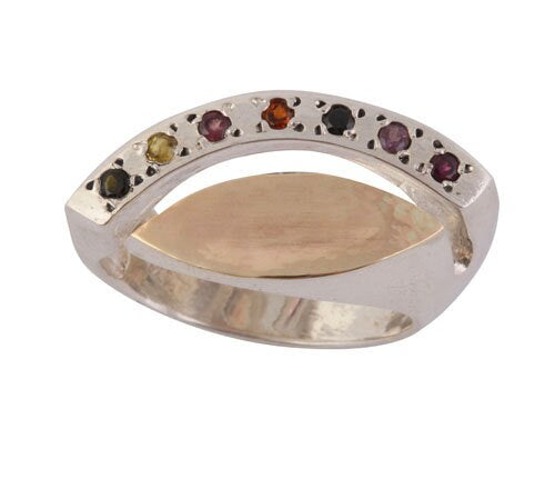 Natural Multi-Color Tourmaline Gemstone Statement Ring Two Tone Solid 9k Yellow Gold & 925 Sterling Silver