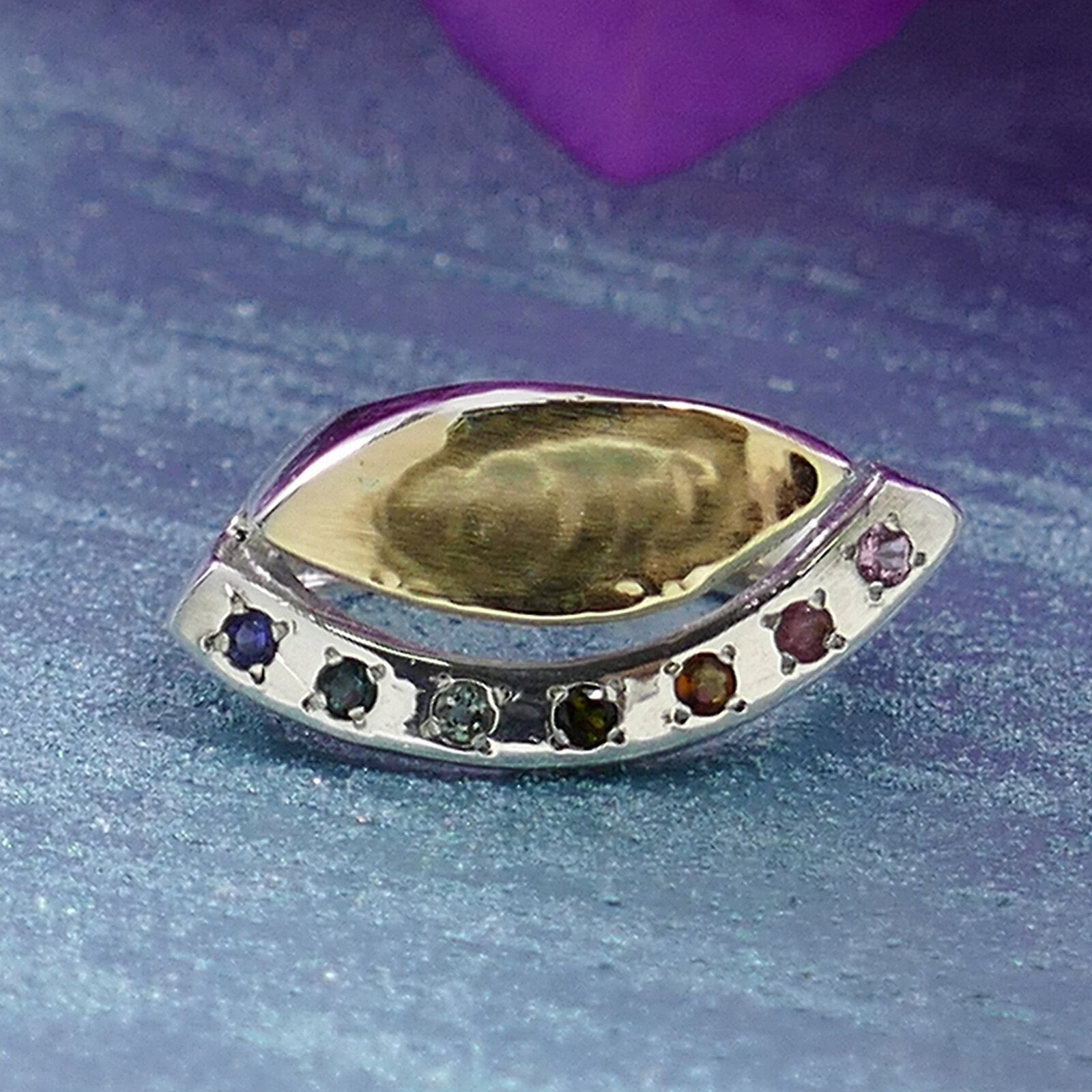 Natural Multi-Color Tourmaline Gemstone Statement Ring Two Tone Solid 9k Yellow Gold & 925 Sterling Silver