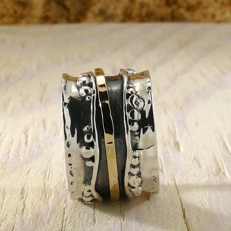 SPIRA Handcrafted Contemporary Design Two Tone Solid 9k Yellow Gold & 925 Sterling Silver Spinner Ring,Wide two tone ring,Unique unisex ring