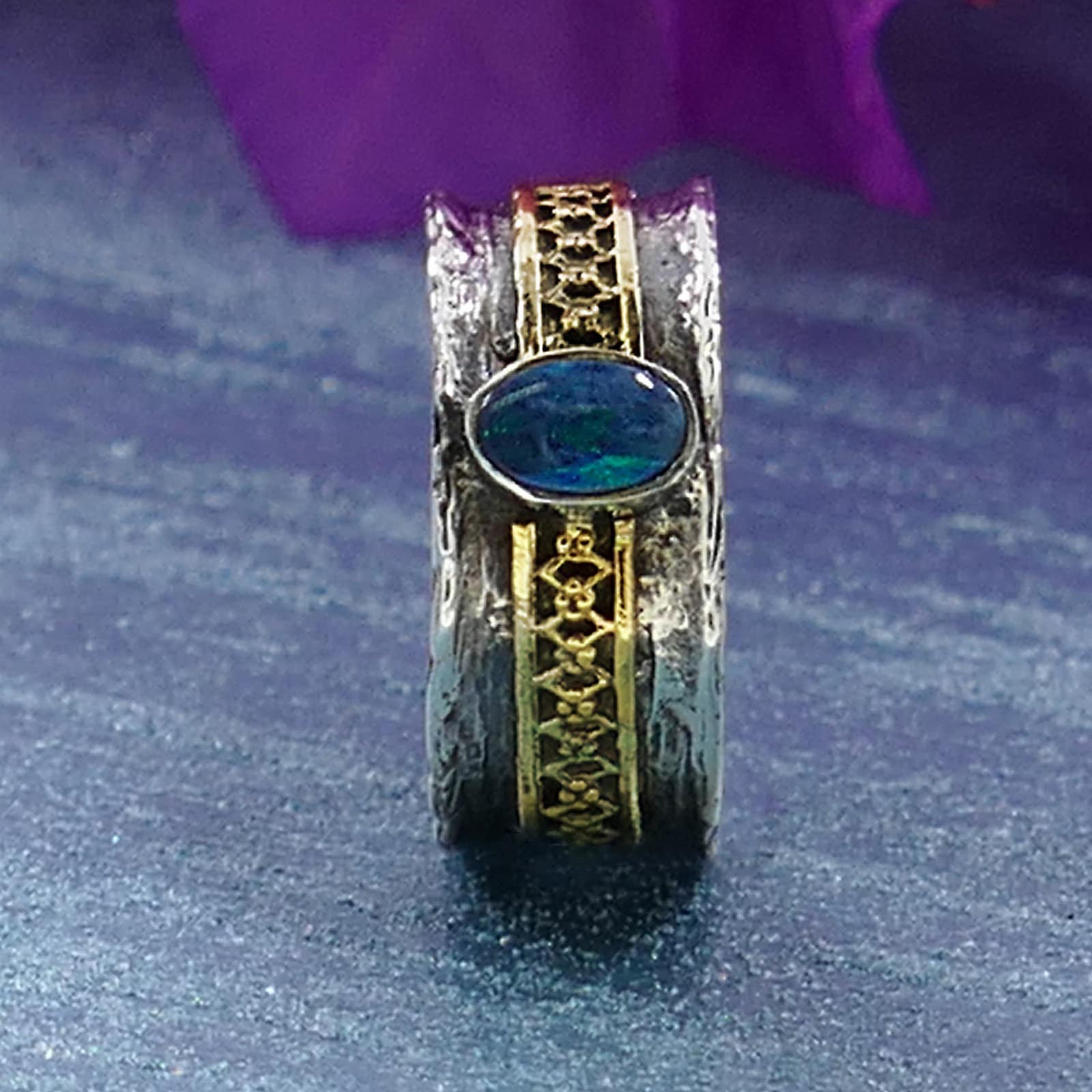 Opal Mixed Metal Ring 0.5 Carat Blue Opal Stone Two Tone Solid 9k Yellow Gold & 925 Sterling Silver Solitaire Ring Set Setting Gemstone Ring