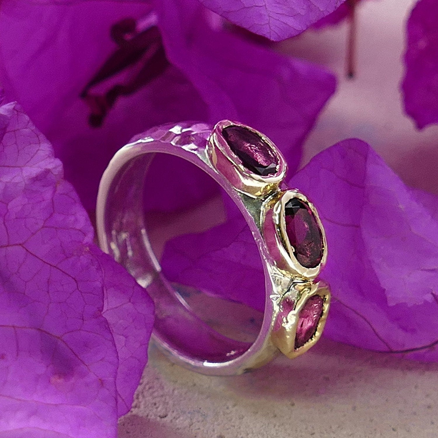 1.2 Carat Natural Pink Tourmaline Gemstone Two Tone Solid 9k Yellow Gold & 925 Sterling Silver Stackable Ring Set Setting, mixed metal ring