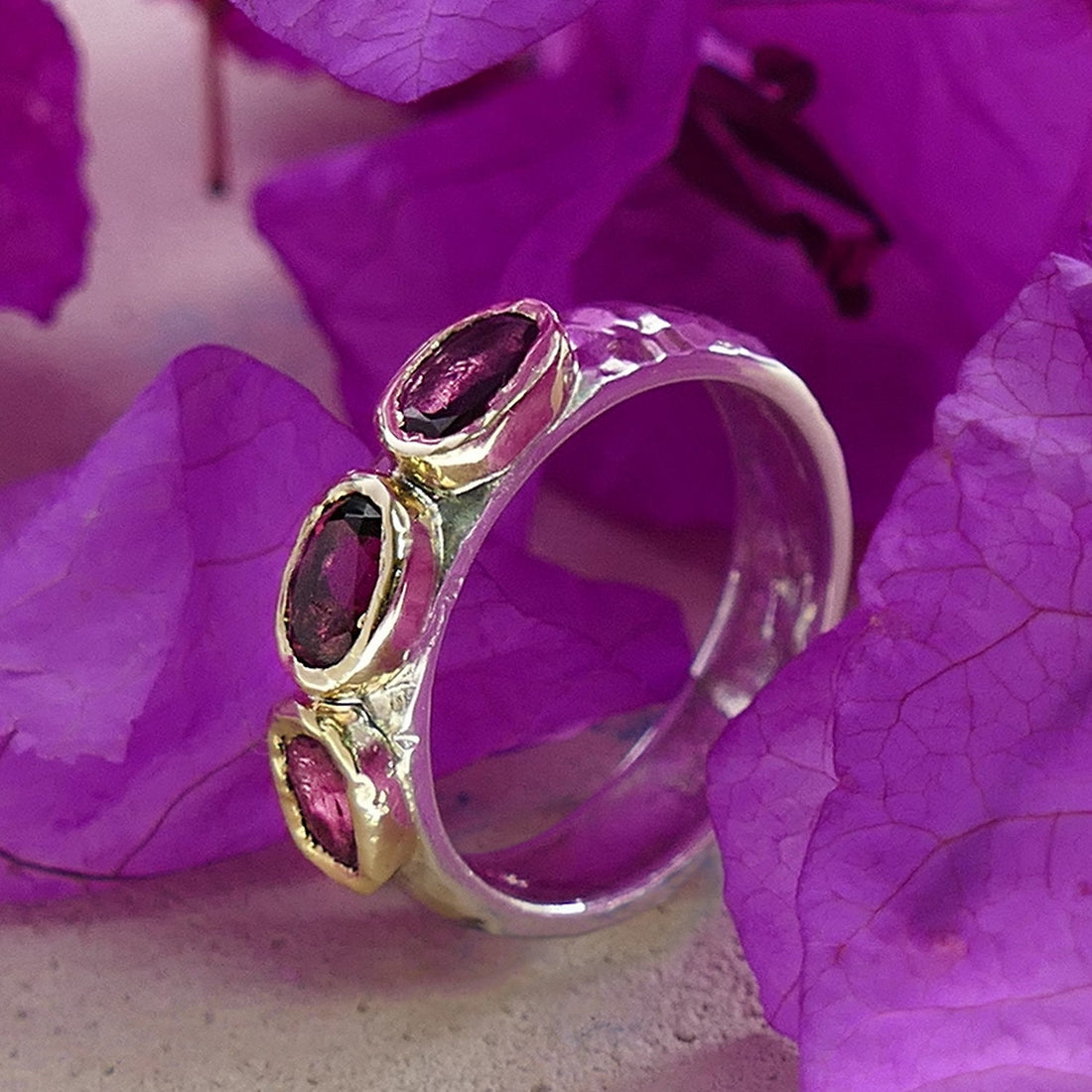 1.2 Carat Natural Pink Tourmaline Gemstone Two Tone Solid 9k Yellow Gold & 925 Sterling Silver Stackable Ring Set Setting, mixed metal ring