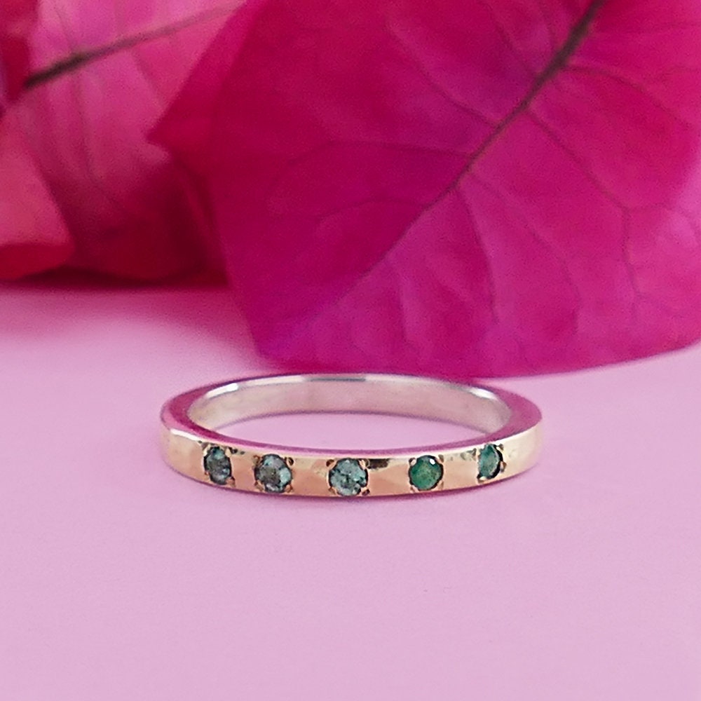 Mixed metal Green Emerald ring Two Tone Solid 9 karat Yellow Gold and 925 Sterling Silver Stackable ring