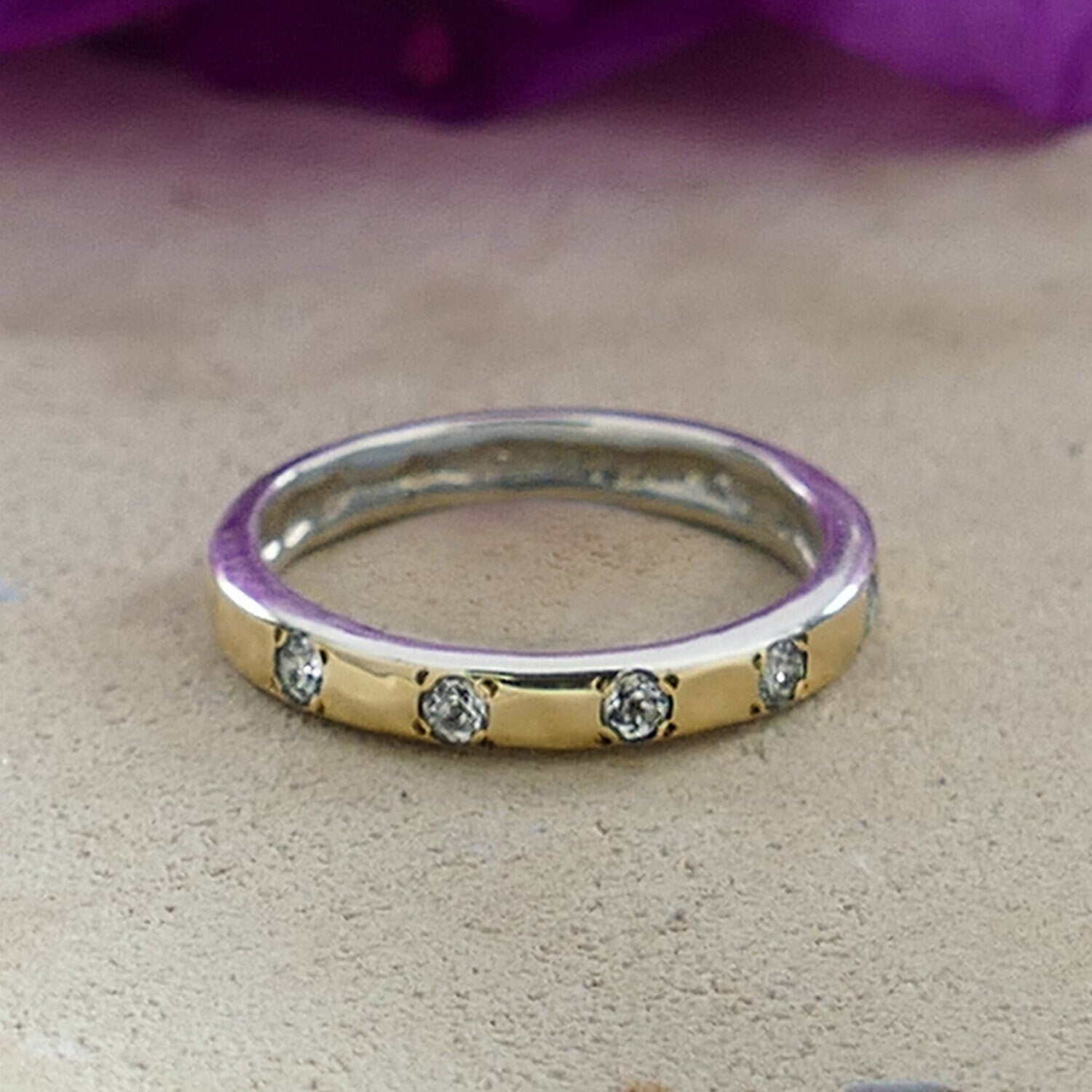 0.4 Carat Natural Blue Topaz Gemstone Mixed metal ring Two Tone Solid 9k Yellow Gold & 925 Sterling Silver Unique Stackable Ring Set Setting