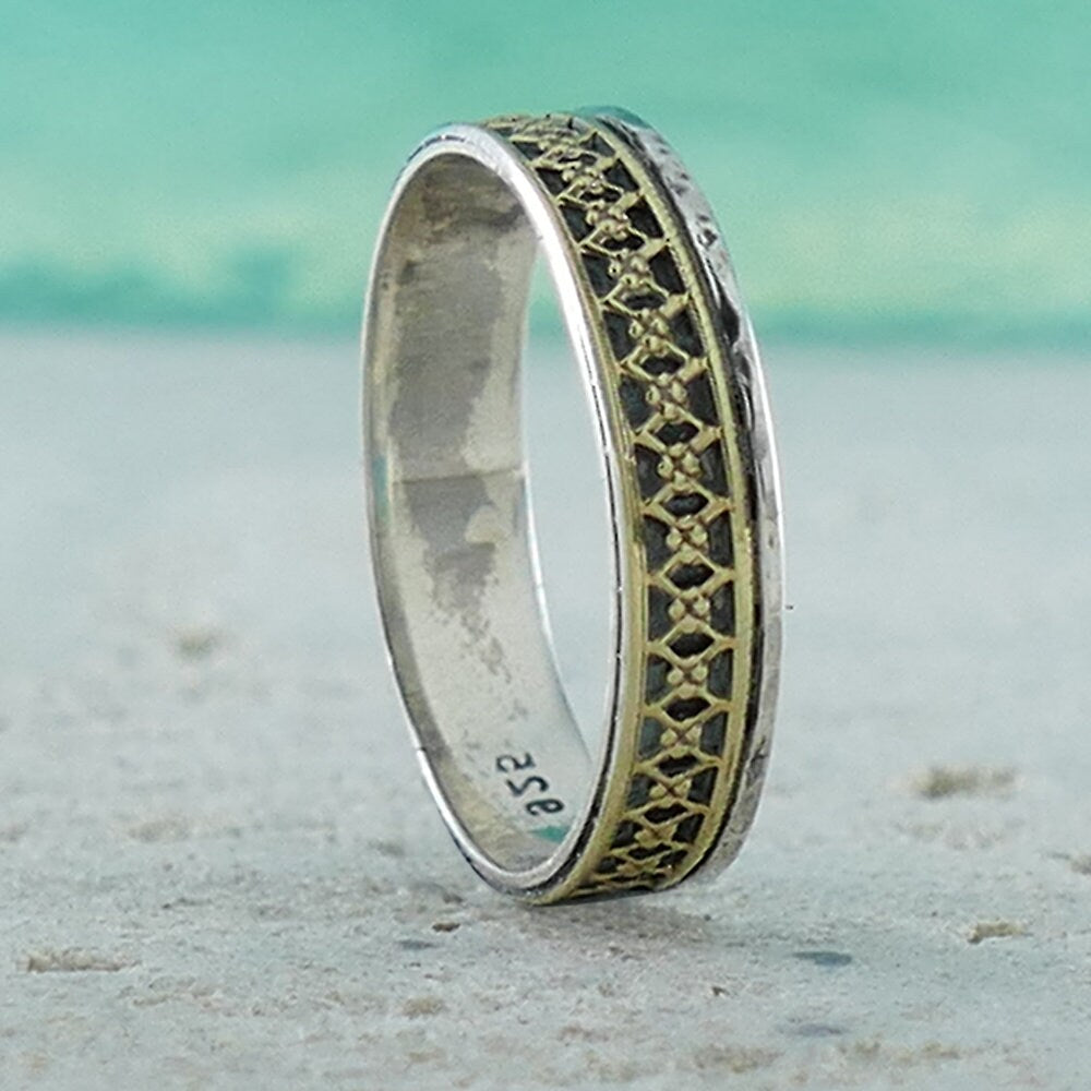 SPIRA Handcrafted Vintage Design Two Tone Solid 9k Yellow Gold&925 Sterling Silver Band Ring Wedding band Engagement ring Mixed metal ring