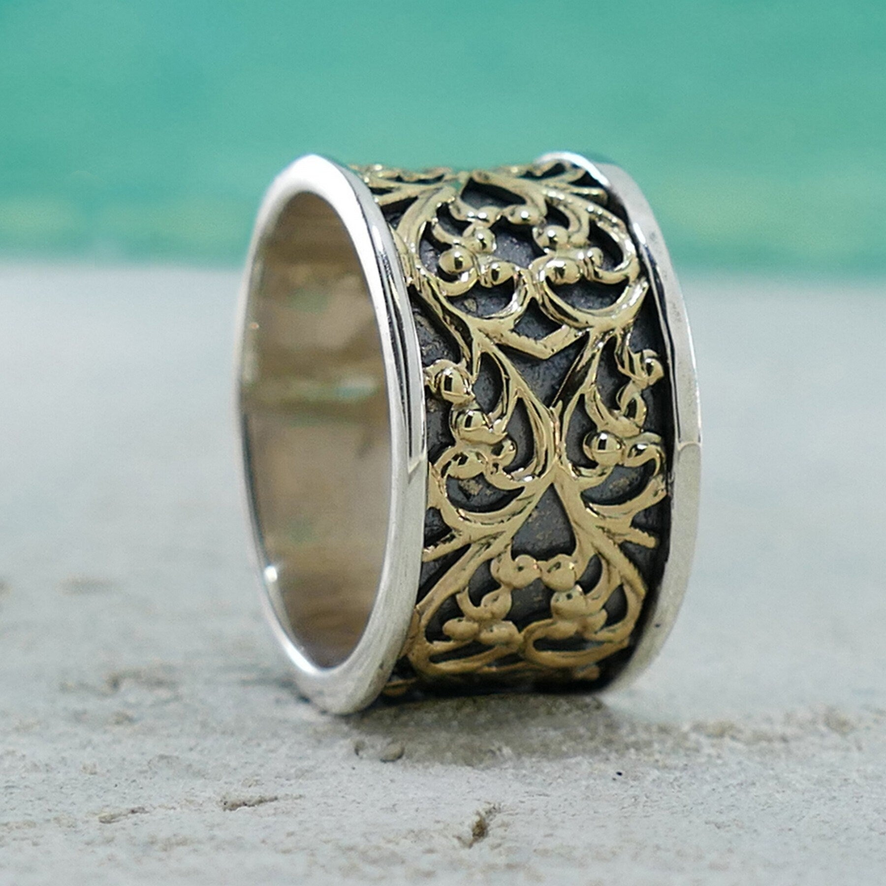 SPIRA Handcrafted Engagement ring Vintage Design Two Tone Solid 9k Yellow Gold & 925 Sterling Silver Band Ring Mixed metal ring Wedding ring