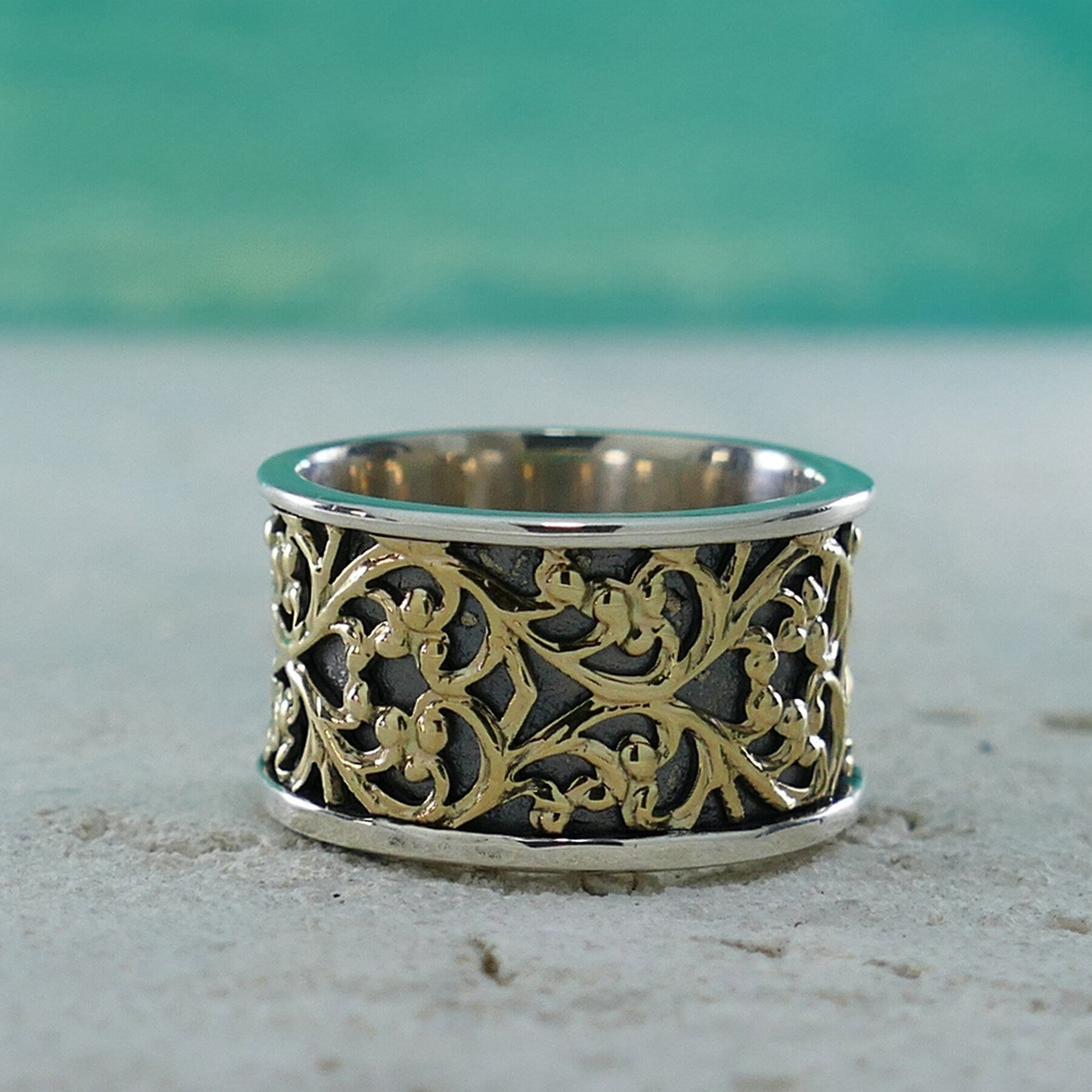 SPIRA Handcrafted Engagement ring Vintage Design Two Tone Solid 9k Yellow Gold & 925 Sterling Silver Band Ring Mixed metal ring Wedding ring
