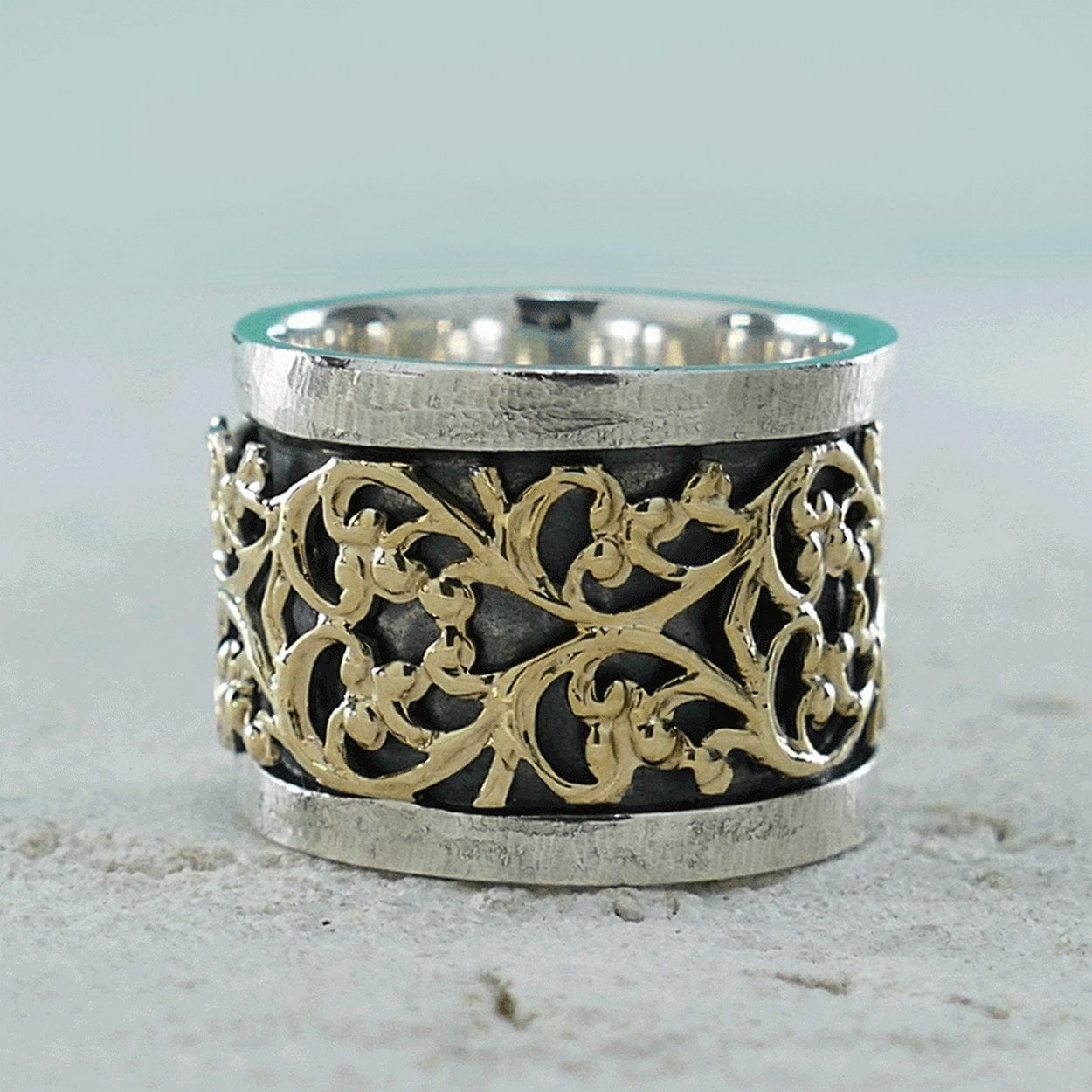SPIRA Handcrafted Vintage Design Two Tone Solid 9k Yellow Gold And 925 Sterling Silver Statement Ring, Unique unisex ring, Mixed metal ring