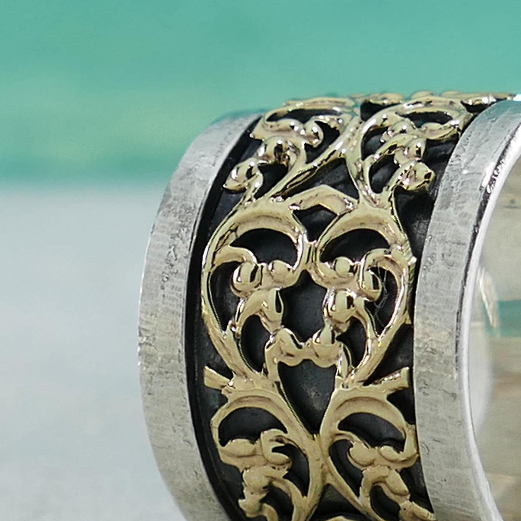 SPIRA Handcrafted Vintage Design Two Tone Solid 9k Yellow Gold And 925 Sterling Silver Statement Ring, Unique unisex ring, Mixed metal ring