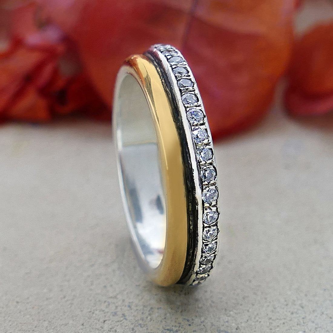 Engagement ring Two Tone Solid 9k Yellow Gold & 925 Sterling Silver Band 3.2 Carat White Cubic Zirconia Stone Ring Setting, Mixed metal ring