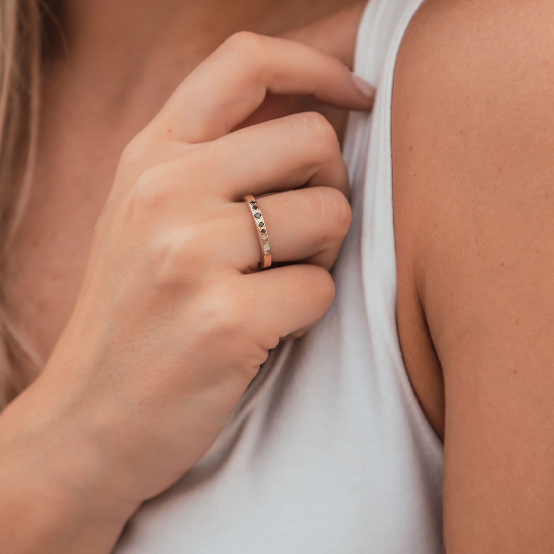 0.2 Carat Natural Round Black Diamonds Two Tone Solid 9k Yellow Gold&925 Sterling Silver Stackable Ring Set Setting,Minimalist Diamond Band