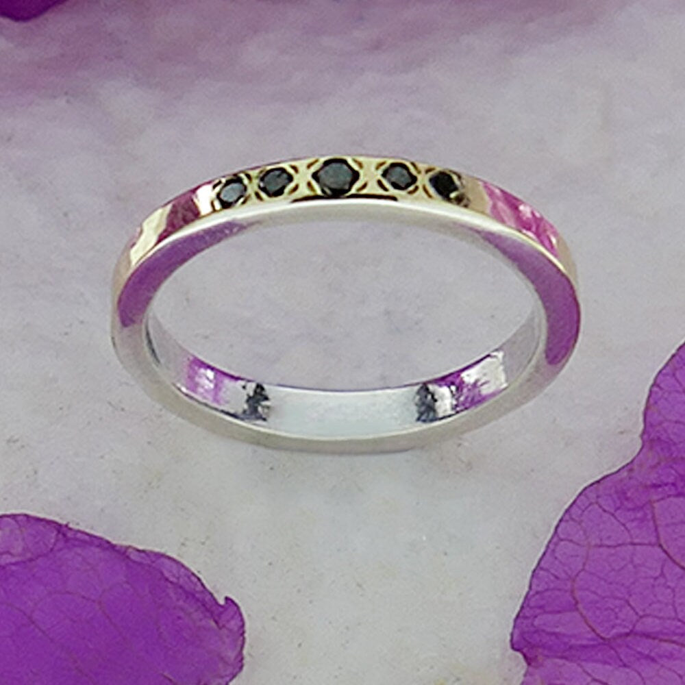 0.2 Carat Natural Round Black Diamonds Two Tone Solid 9k Yellow Gold&925 Sterling Silver Stackable Ring Set Setting,Minimalist Diamond Band