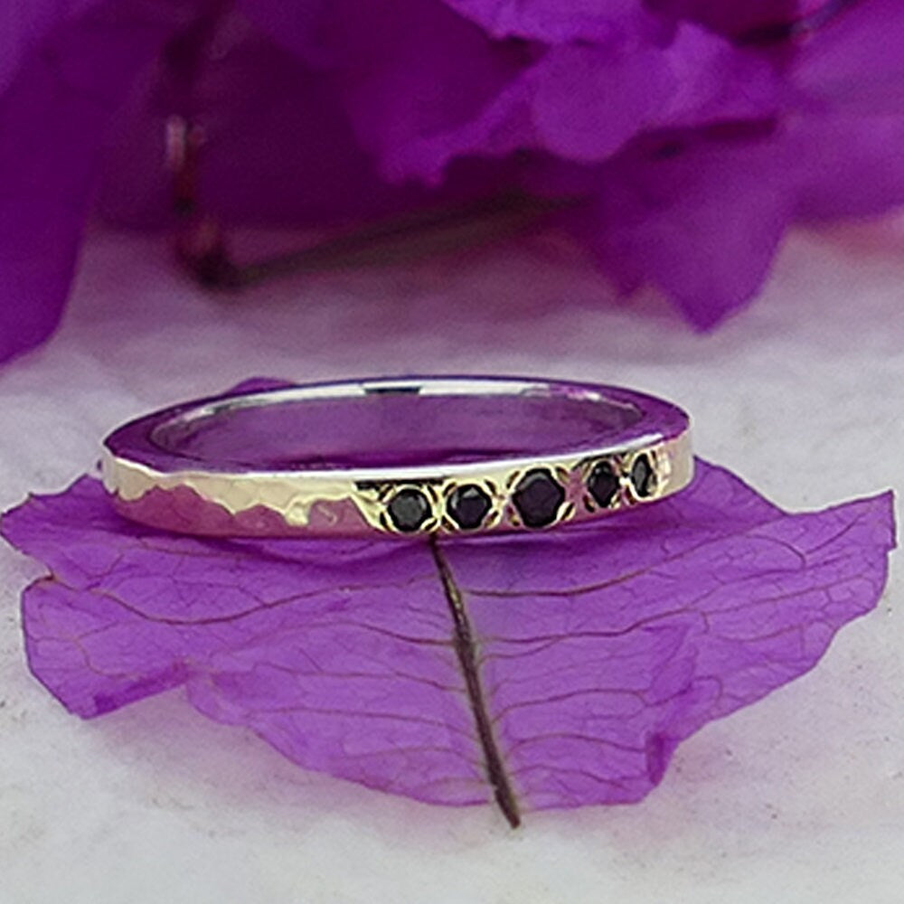 0.2 Carat Natural Round Black Diamonds Two Tone Solid 9k Yellow Gold&925 Sterling Silver Stackable Ring Set Setting,Minimalist Diamond Band