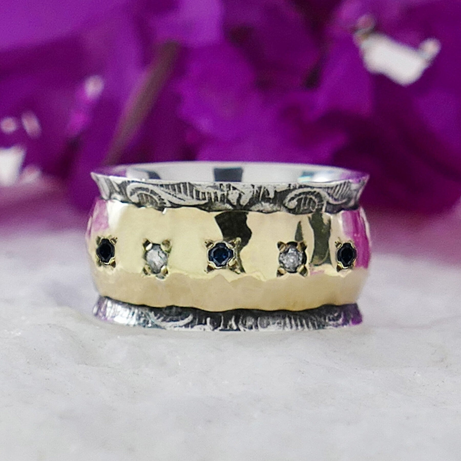 0.4 Carat Natural Round Multi-Color Diamond Two Tone Solid 9k Yellow Gold&925 Sterling Silver Cocktail Ring Gemstone ring Mixed metal ring