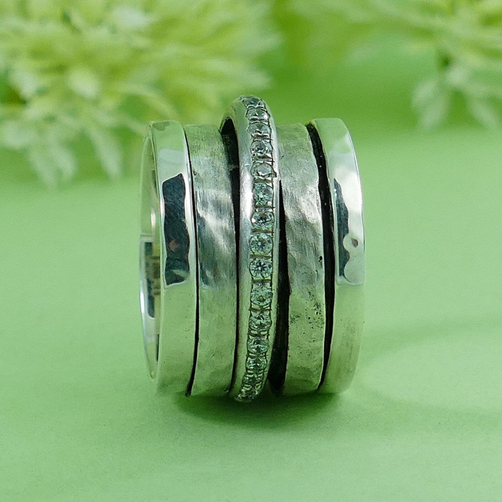 Unique Handcrafted Sppiner Ring 925 Sterling Silver 3.2 Carat White Cubic Zirconia Stone Set Setting,Bohemian Ring,Worry Ring,Sparkling Ring