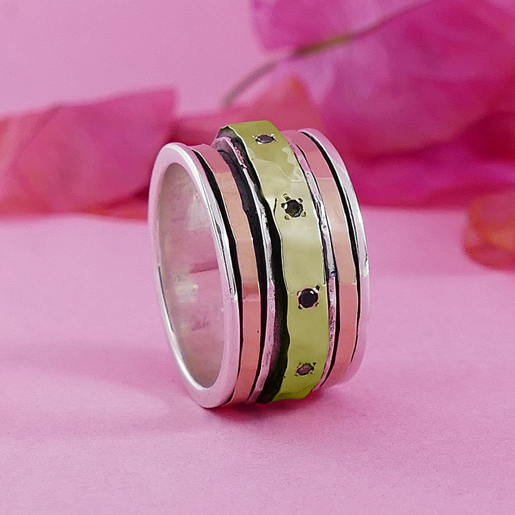 Multi-Color Diamond Two Tone 925 Silver Spinner Ring with Solid 9 karat Yellow and Rose Gold