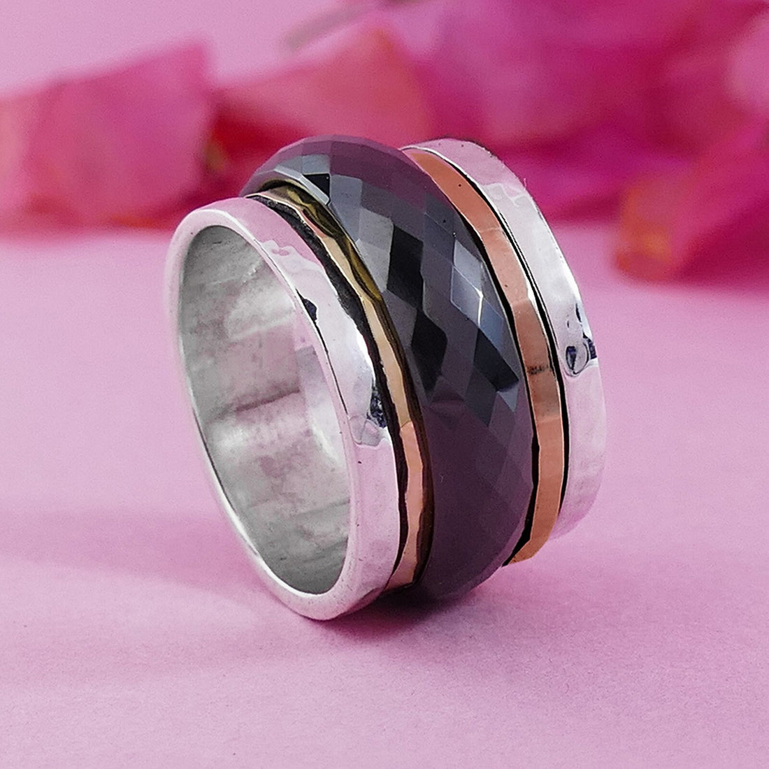 Black Ceramic Spinner Ring Two Tone Solid 9k Yellow & Rose Gold 925 Sterling Silver