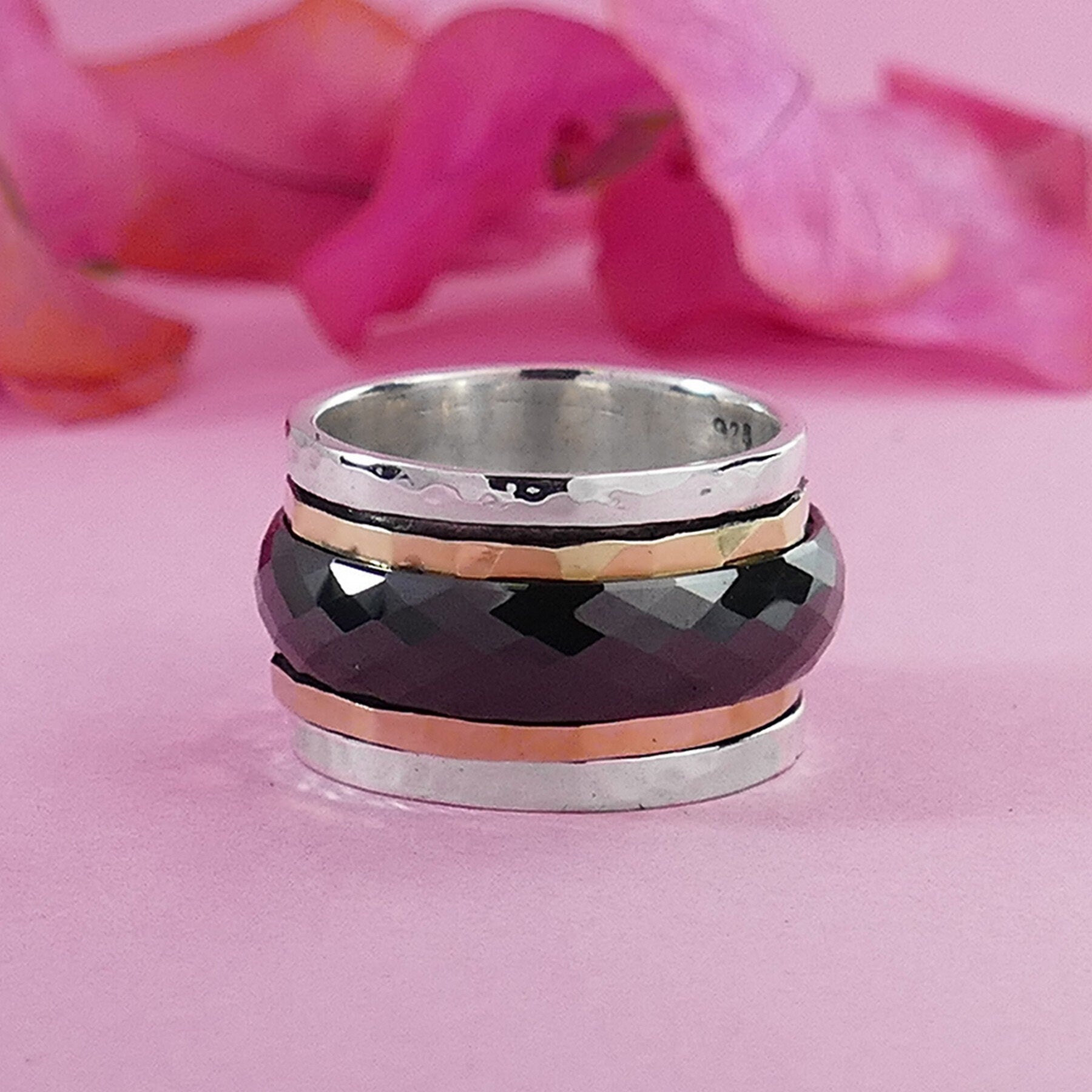 Black Ceramic Spinner Ring Two Tone Solid 9k Yellow & Rose Gold 925 Sterling Silver