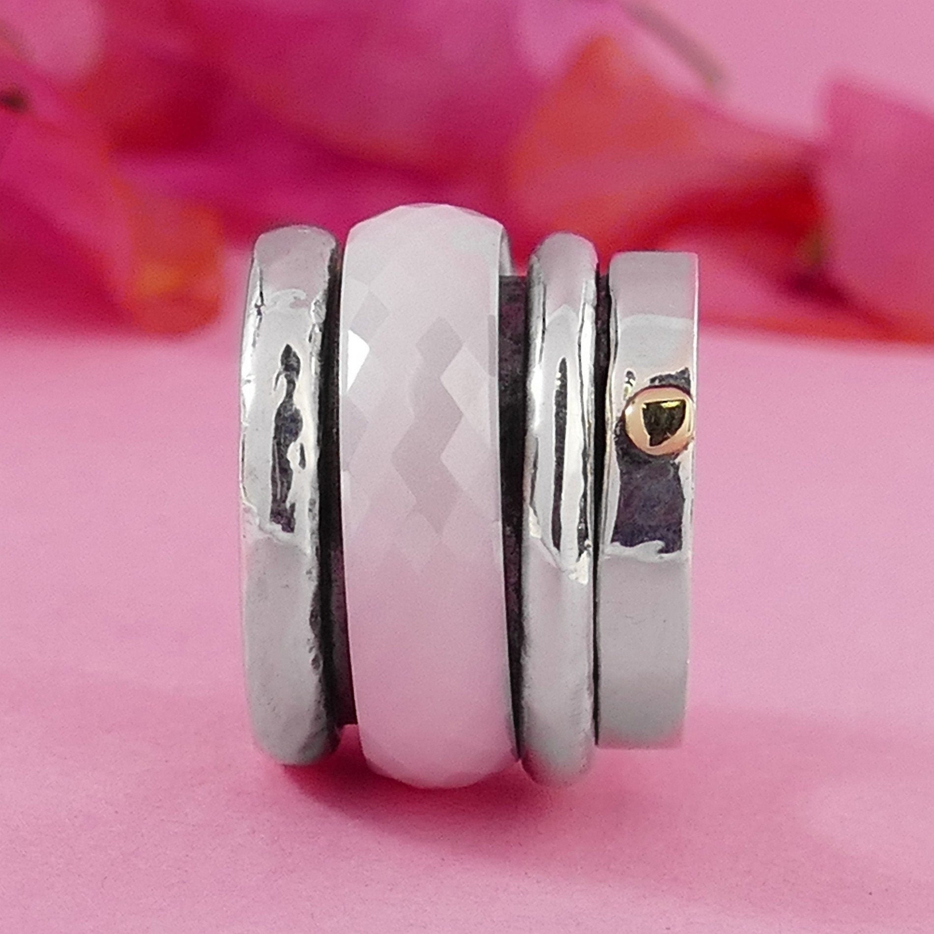 SPIRA Handcrafted Two Tone Solid 9k Yellow Gold & 925 Sterling Silver Ceramic Spinner Ring, Gypsy ring, Bohemian ring, Unique Hippie ring
