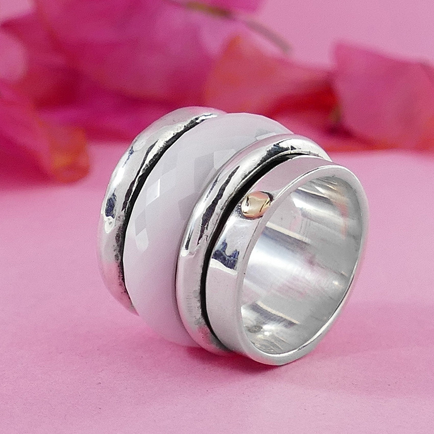 SPIRA Handcrafted Two Tone Solid 9k Yellow Gold & 925 Sterling Silver Ceramic Spinner Ring, Gypsy ring, Bohemian ring, Unique Hippie ring