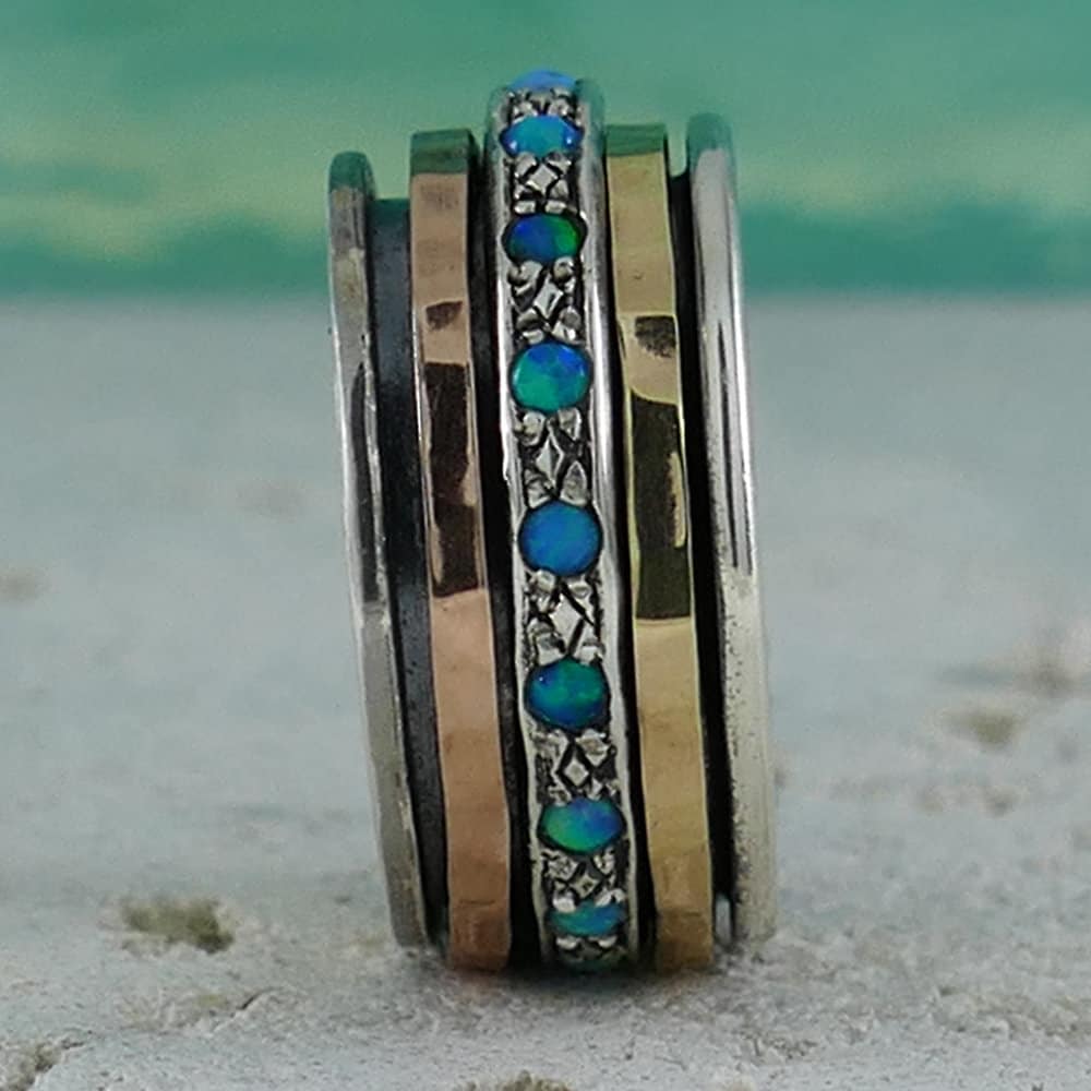 Blue Opal Gemstone, 925 Sterling Silver, 9k Yellow & Rose Gold Spinner Ring Set
