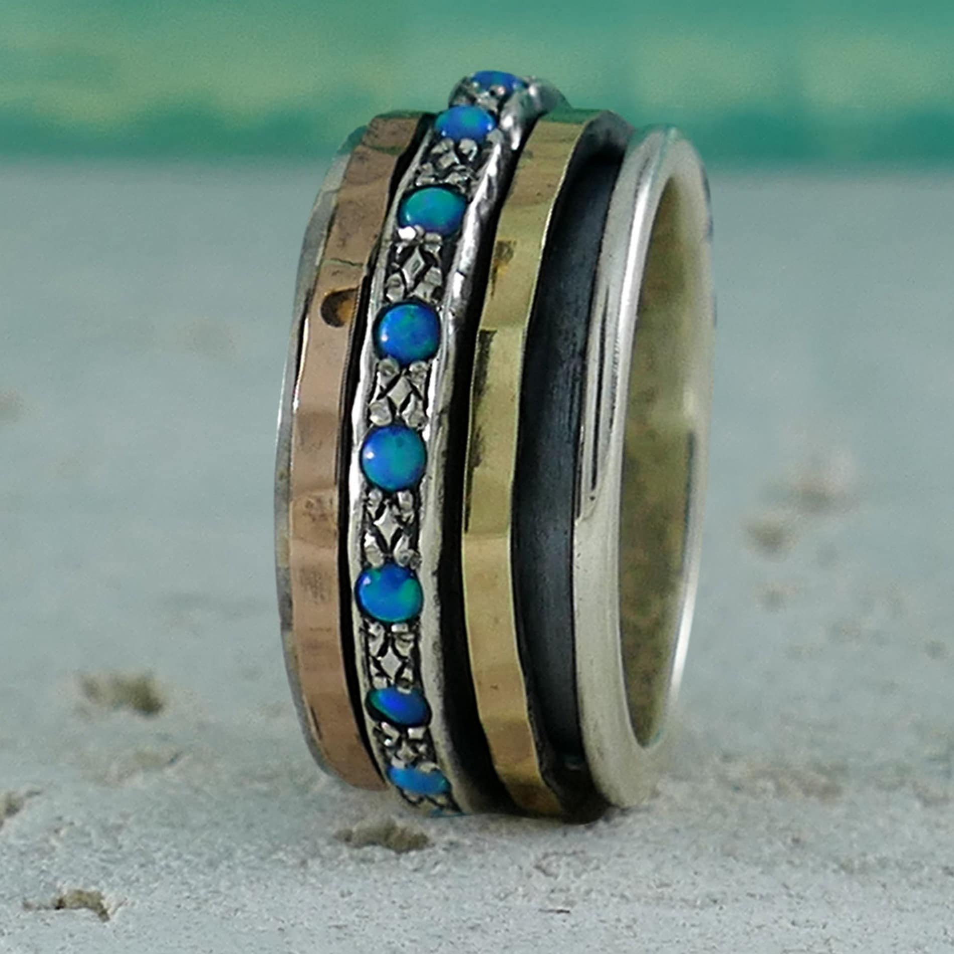 Blue Opal Gemstone, 925 Sterling Silver, 9k Yellow & Rose Gold Spinner Ring Set