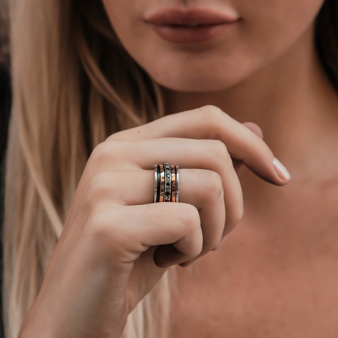 1.6 Carat Natural Red Garnet Gemstone Two Tone Solid 9k Yellow & Rose Gold 925 Sterling Silver Spinner Ring Set Setting