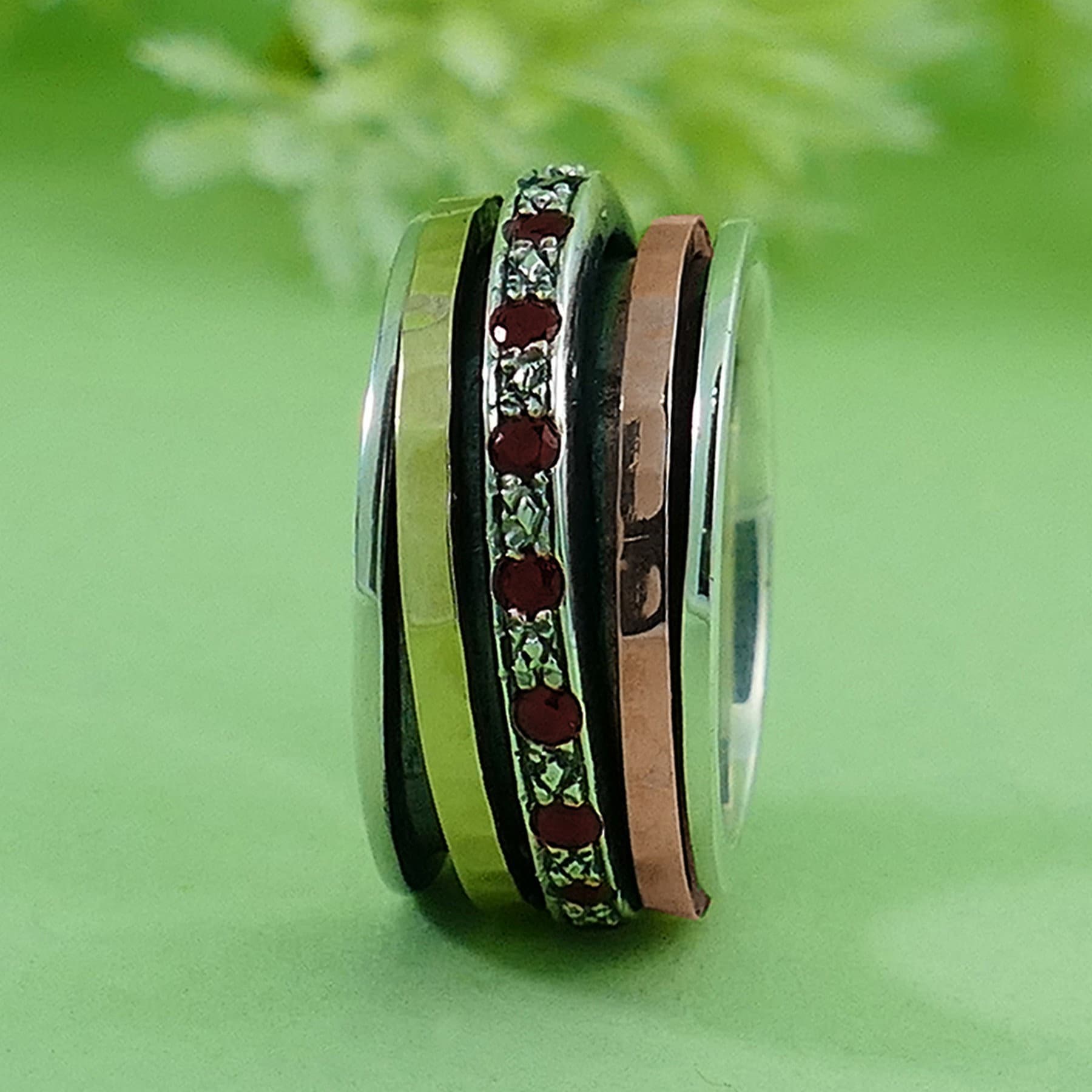 1.6 Carat Natural Red Garnet Gemstone Two Tone Solid 9k Yellow & Rose Gold 925 Sterling Silver Spinner Ring Set Setting