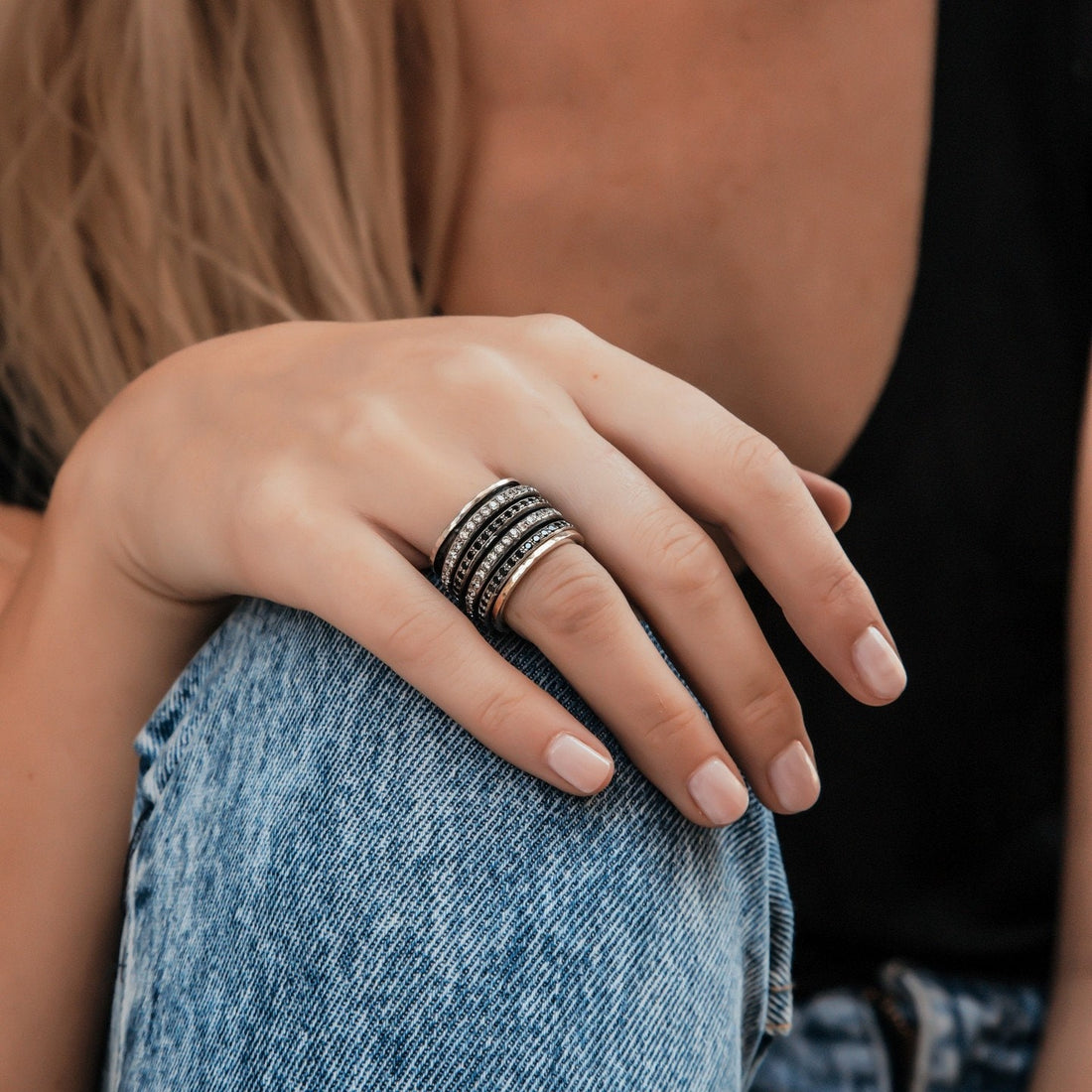 Mixed Metal Spinner Ring Cubic Zirconia And Black Spinel Gemstone Two Tone Solid 9k Yellow Gold & 925 Sterling Silver