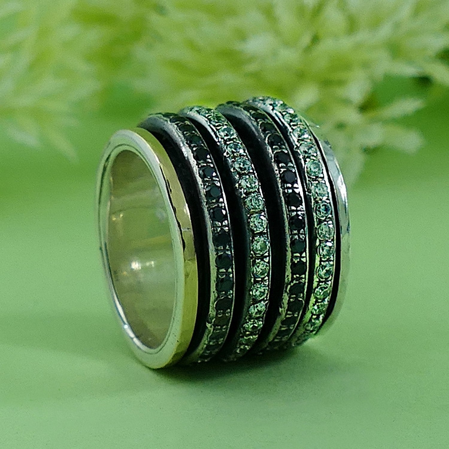 Mixed Metal Spinner Ring Cubic Zirconia And Black Spinel Gemstone Two Tone Solid 9k Yellow Gold & 925 Sterling Silver
