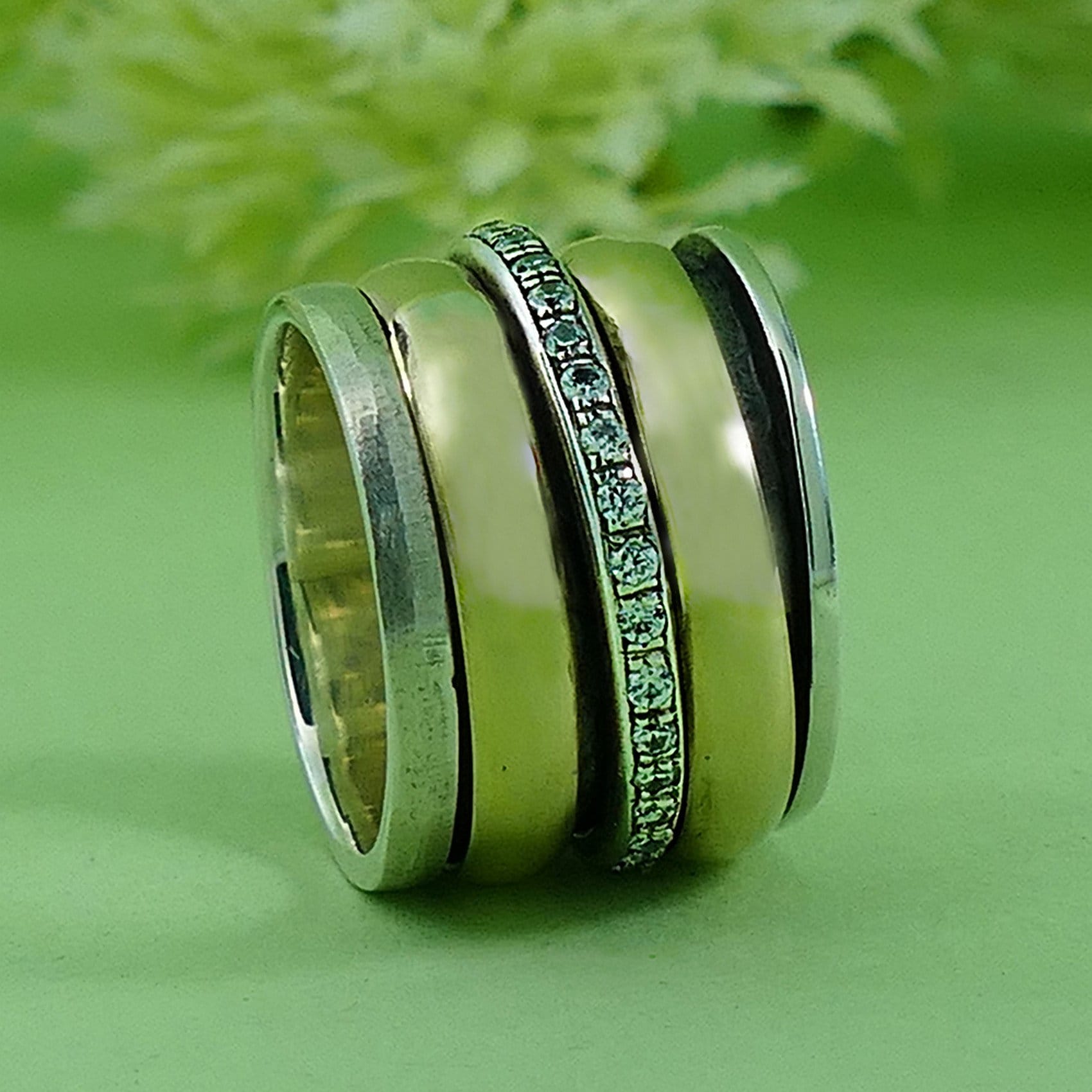White Cubic Zirconia Stone Two Tone Solid 9k Yellow Gold & 925 Sterling Silver Spinner Ring, Two-Tone Mixed Metal Ring - Gold Spinner Ring with Cubic Zirconia Stone