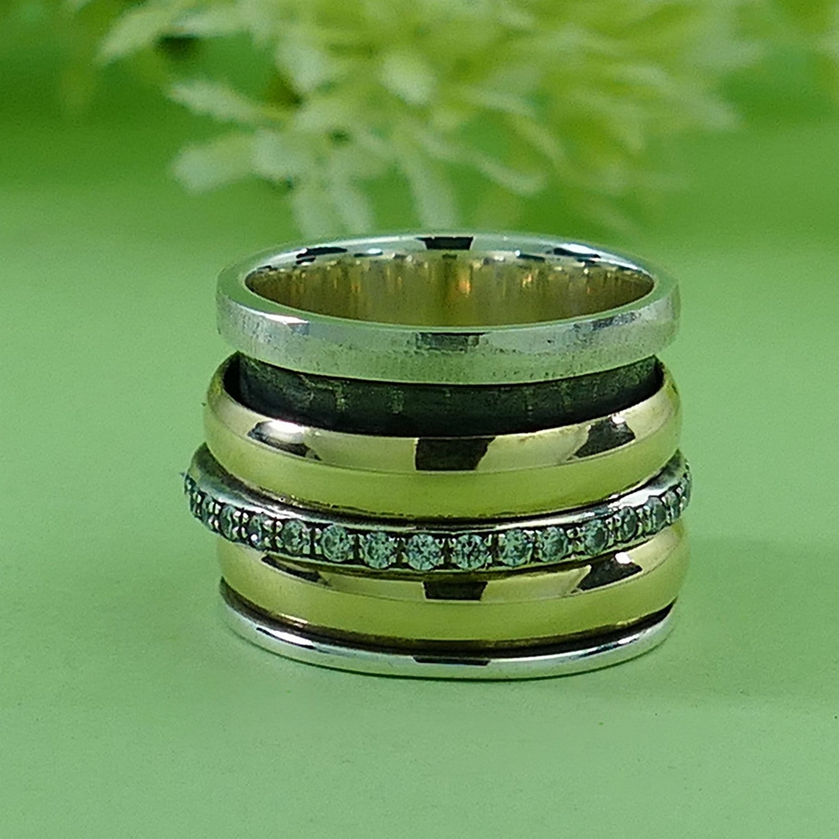 White Cubic Zirconia Stone Two Tone Solid 9k Yellow Gold & 925 Sterling Silver Spinner Ring, Two-Tone Mixed Metal Ring - Gold Spinner Ring with Cubic Zirconia Stone