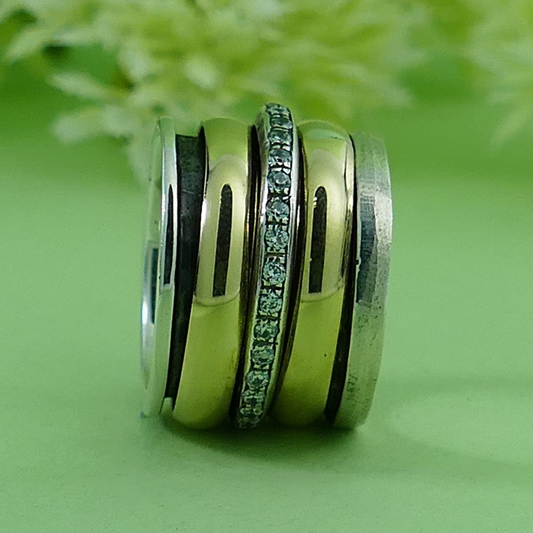 White Cubic Zirconia Stone Two Tone Solid 9k Yellow Gold & 925 Sterling Silver Spinner Ring, Two-Tone Mixed Metal Ring - Gold Spinner Ring with Cubic Zirconia Stone
