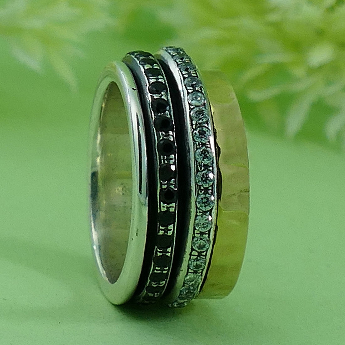 2.4 Carat Natural Black Spinel And White Cubic Zirconia Stones Two Tone Solid 9k Yellow Gold & 925 Sterling Silver Spinner Ring Set Setting