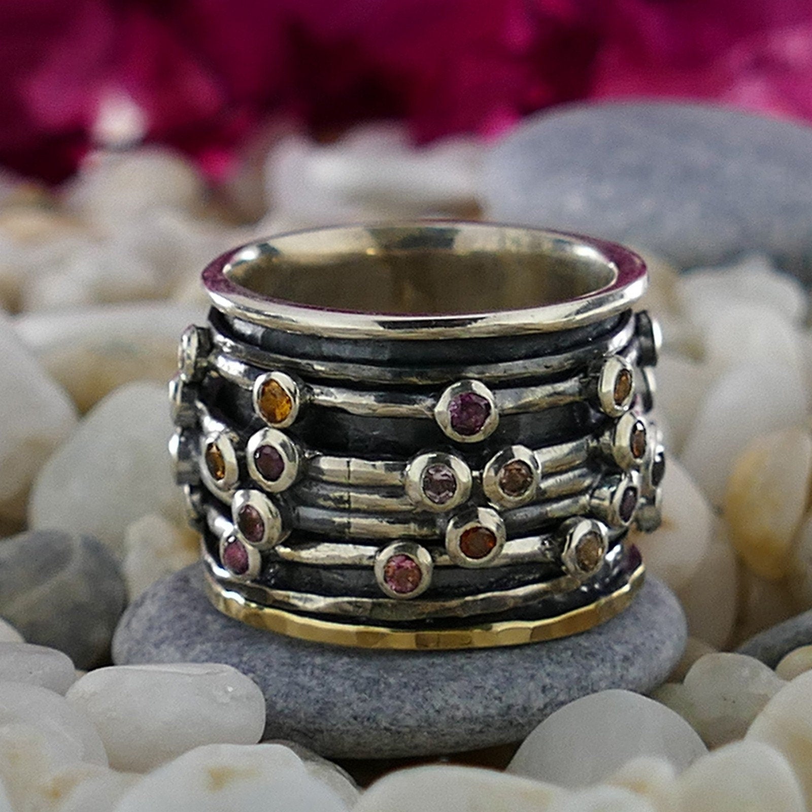 2.96 Carat Natural Multi-Color Tourmaline Gemstone Two Tone Solid 9k Yellow Gold&925 Sterling Silver Spinner Ring Set Setting, Gemstone rings for Women