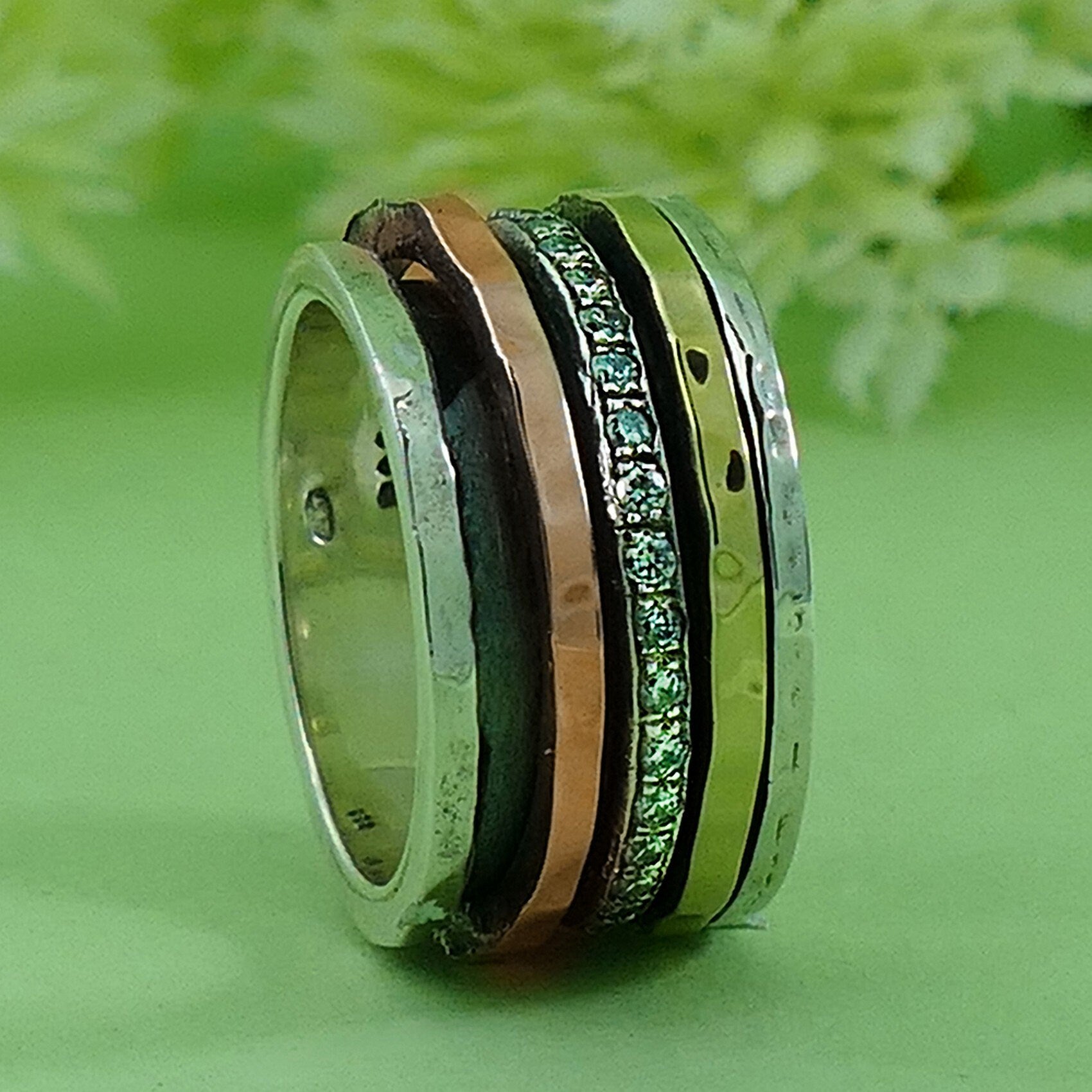 Mix Metal Ring Spinner Ring For Woman Cubic Zirconia Stone Two Tone Solid 9k Yellow/Rose Gold & 925 Sterling Silver Spinner Ring,Fidget ring