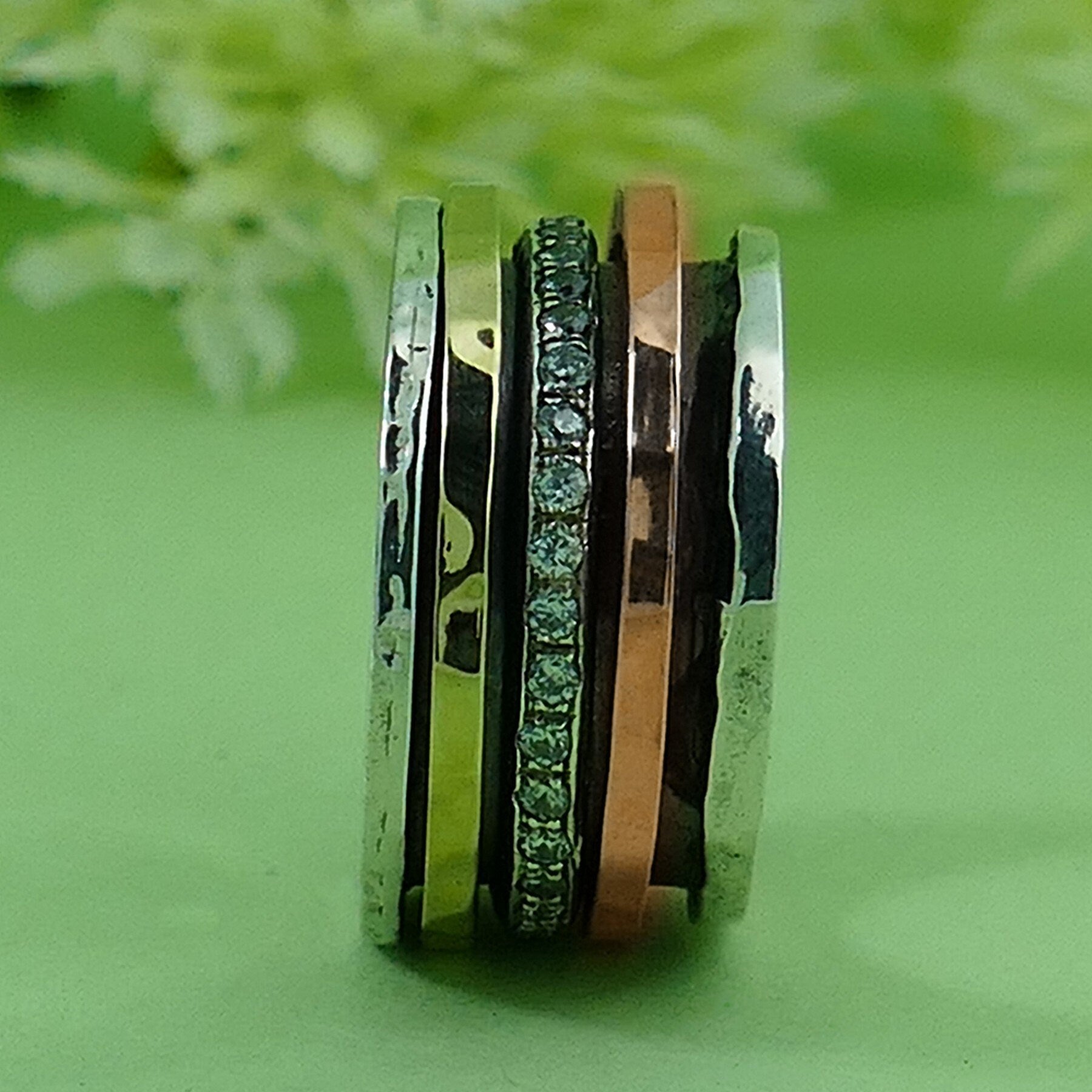 Mix Metal Ring Spinner Ring For Woman Cubic Zirconia Stone Two Tone Solid 9k Yellow/Rose Gold & 925 Sterling Silver Spinner Ring,Fidget ring