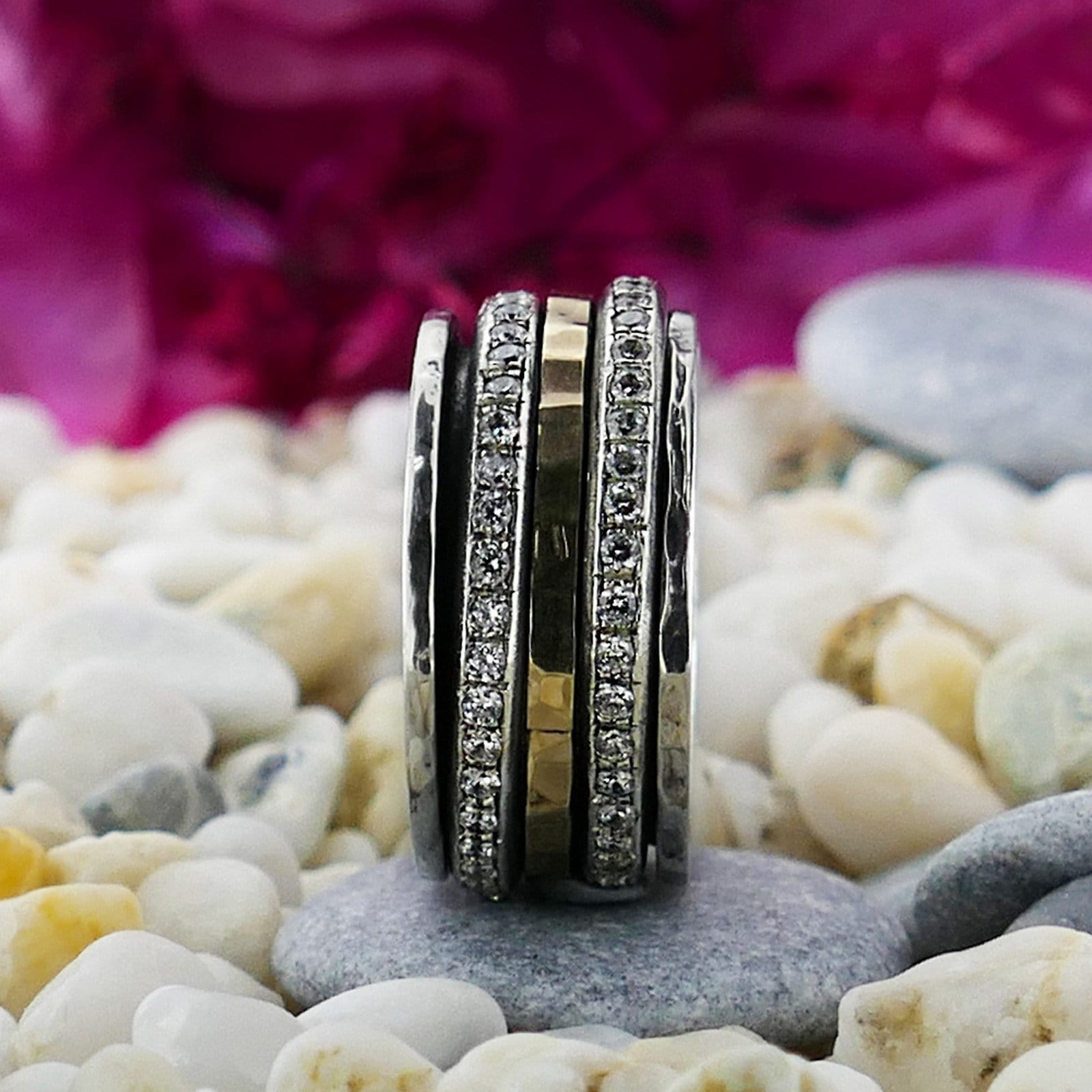 Mesmerizing Designs: Unique Two Tone Silver Spinner Ring with Gold & Cubic Zirconia