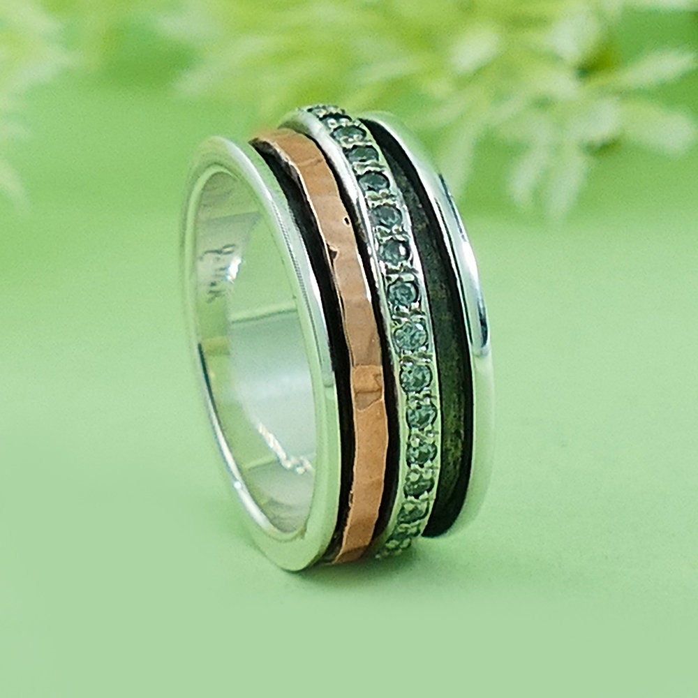 Mixed metal Ring 3.2 Carat White Cubic Zirconia Stone Two Tone Solid 9k Rose Gold & 925 Sterling Silver Spinner Ring Hammered Silver Ring