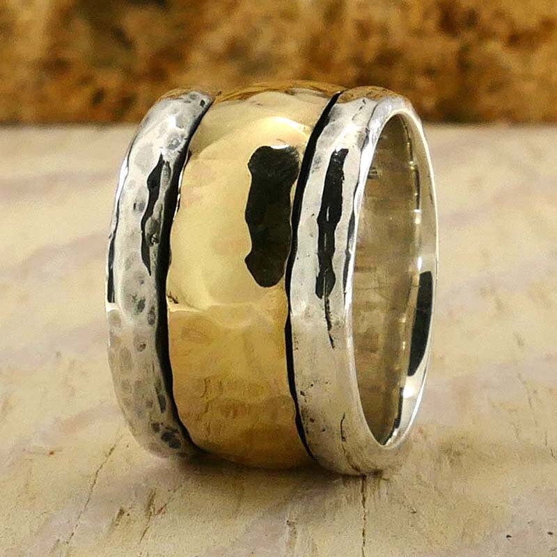 Handcrafted Unique Hammered Mixed metal Ring Solid Gold Spinner Ring Two Tone Solid 9k Yellow Gold And 925 Sterling Silver Statement Ring
