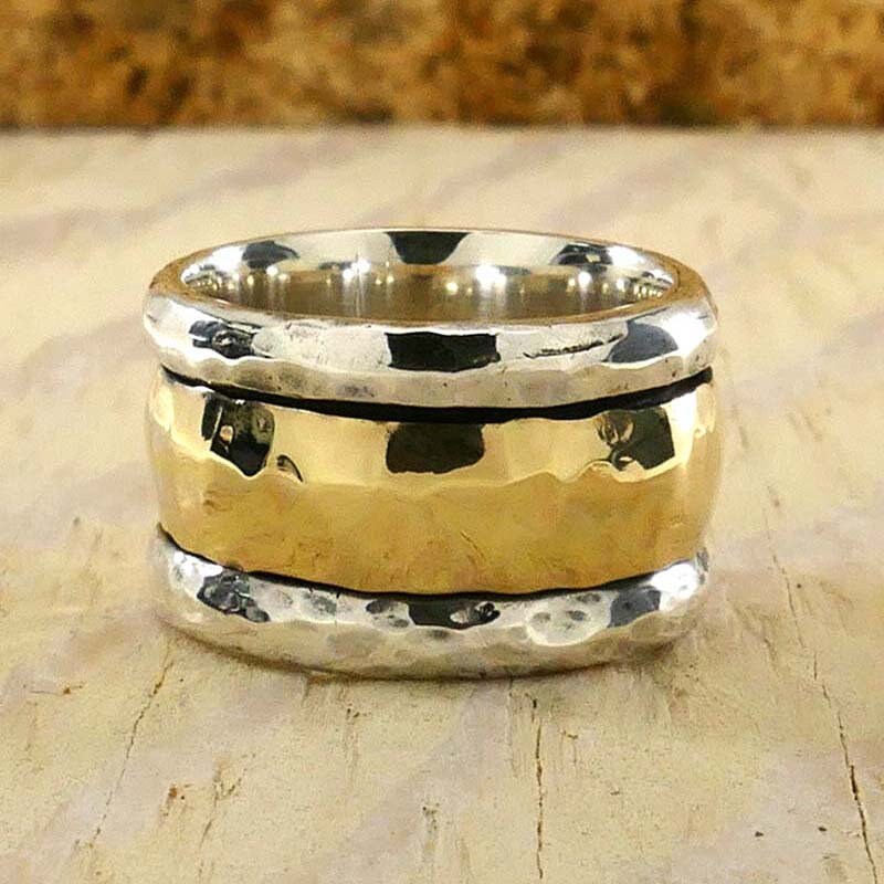 Handcrafted Unique Hammered Mixed metal Ring Solid Gold Spinner Ring Two Tone Solid 9k Yellow Gold And 925 Sterling Silver Statement Ring