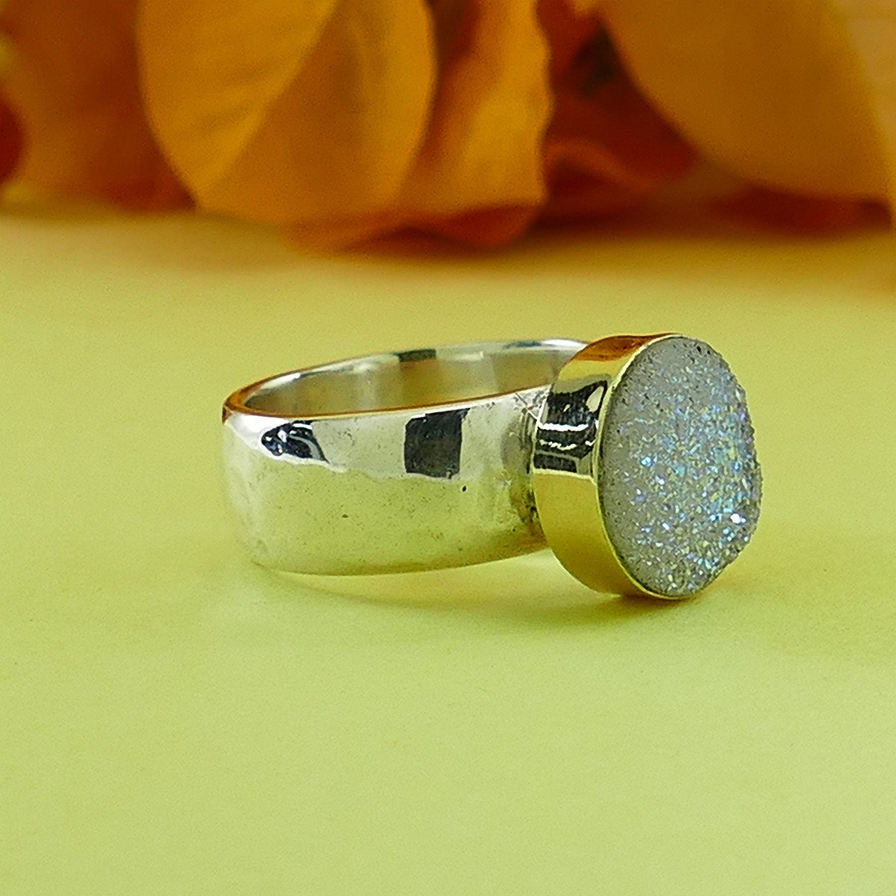 4.4 Carat White Agate Druzy Stone Two Tone Solid 9k Yellow Gold & 925 Sterling Silver Solitaire Ring Setting Gemstone ring Mixed metal ring